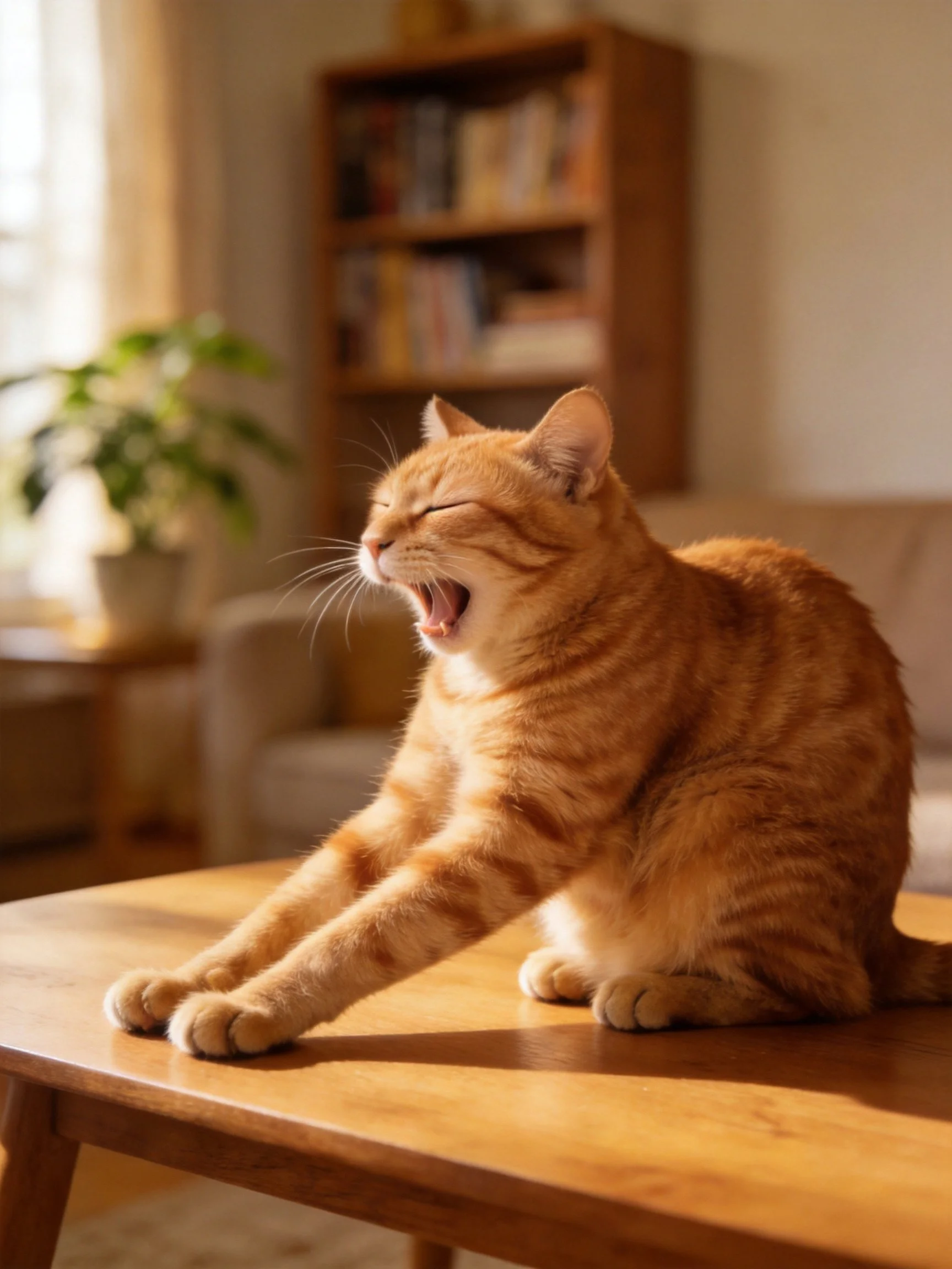 An orange tabby cat yawning on a wooden coffee table in a cozy room