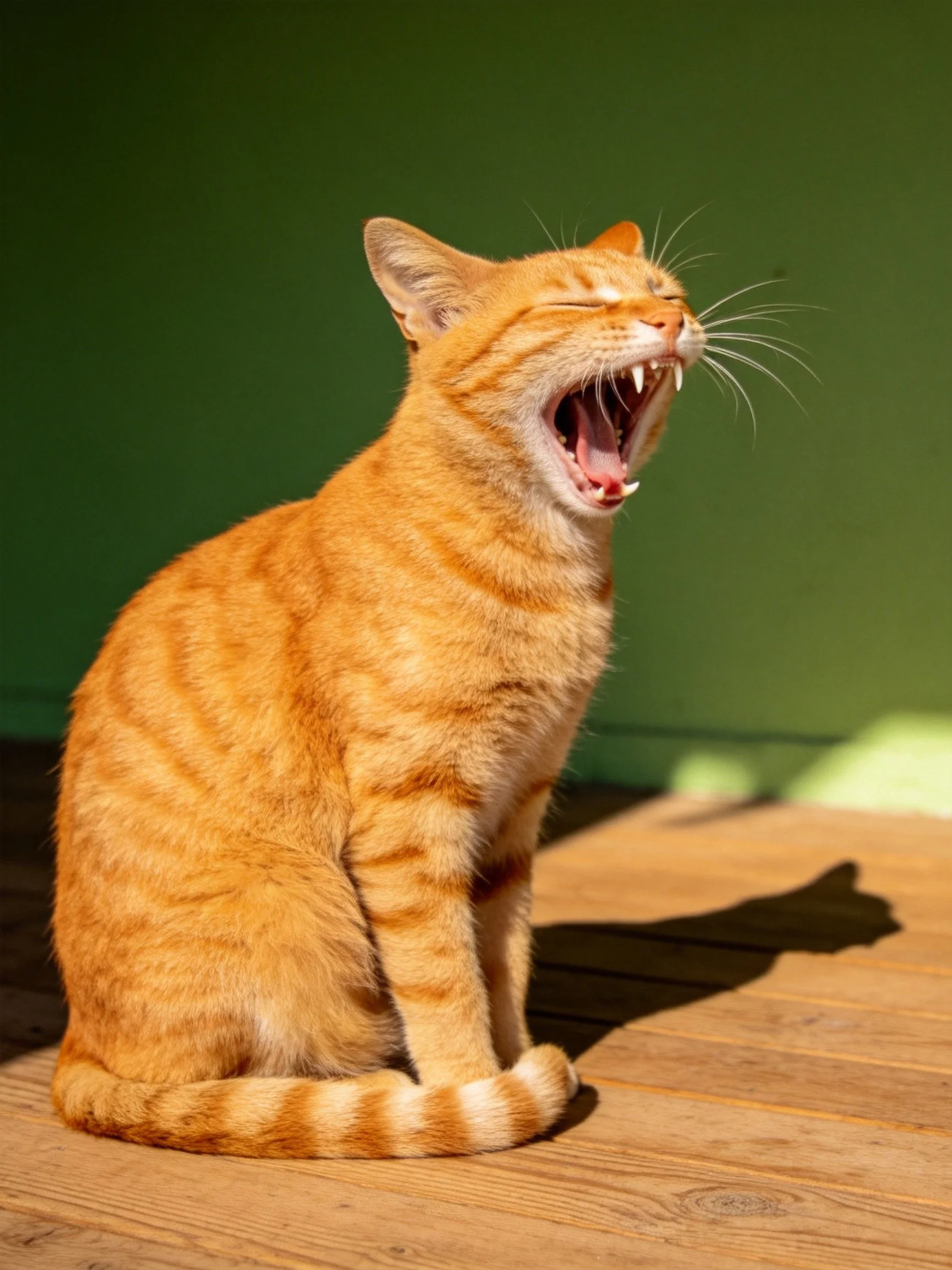 An orange tabby cat yawns on a wooden surface next to a green wall.
