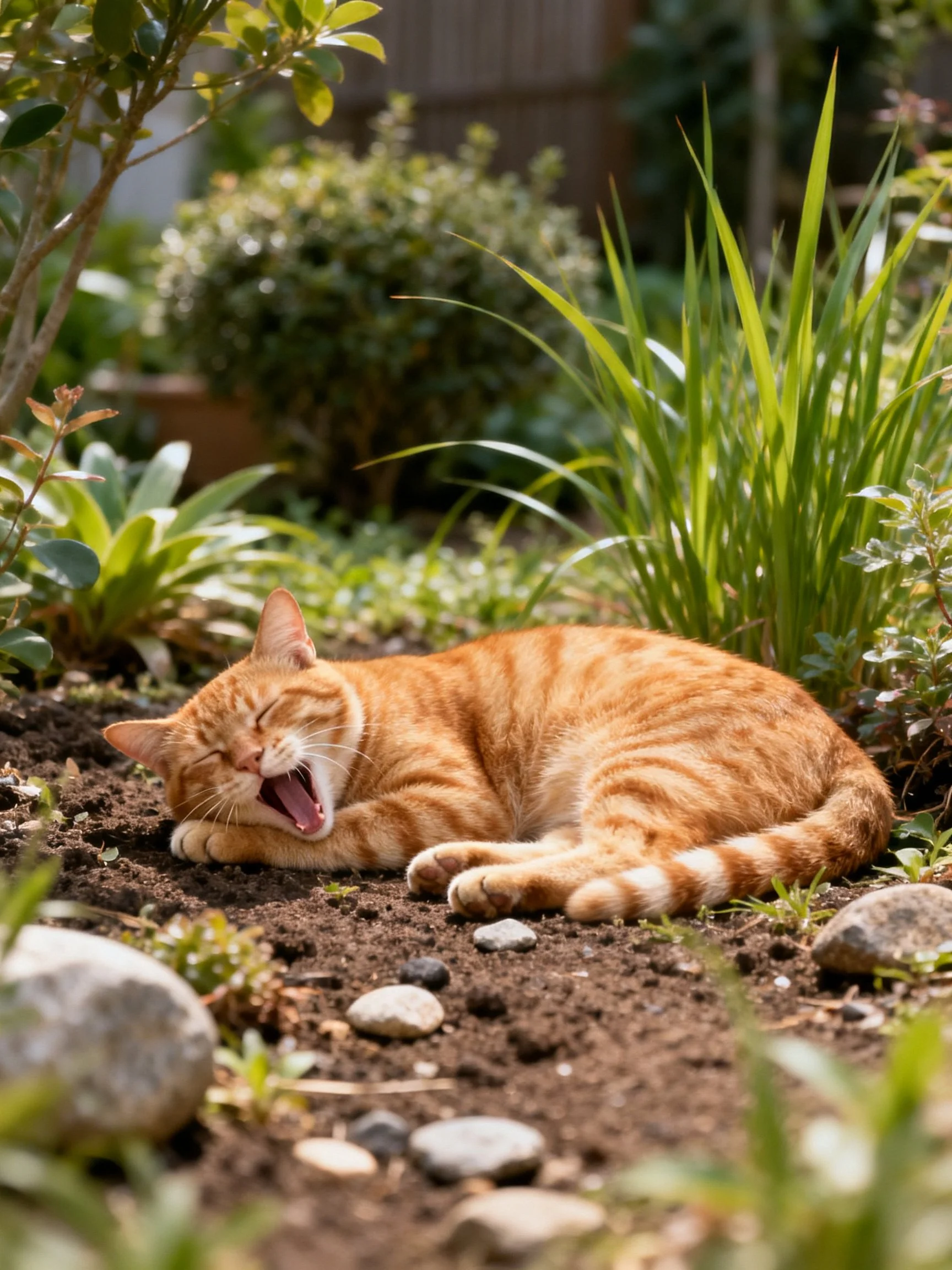 An orange tabby cat yawns while resting on soil surrounded by greenery.