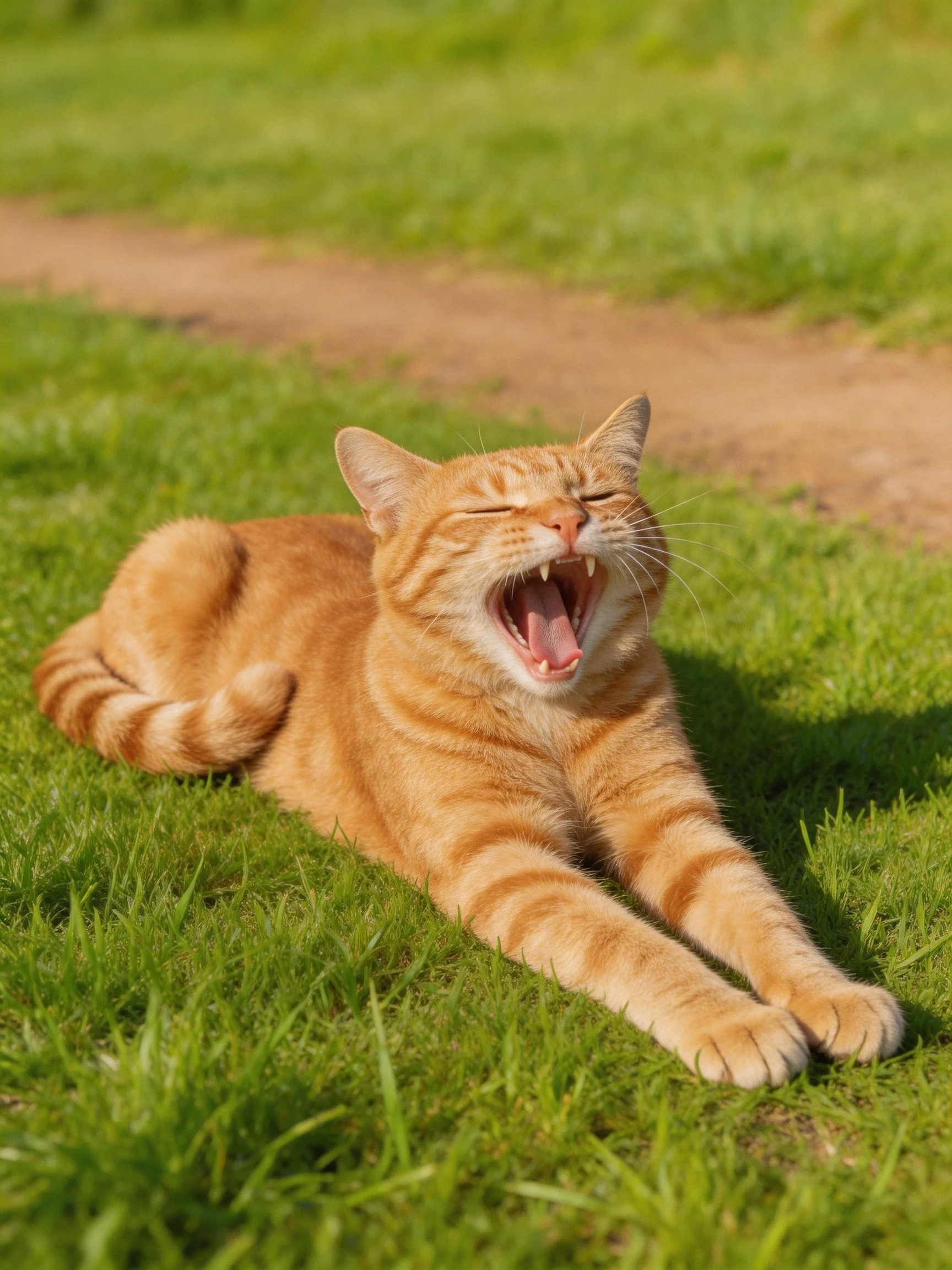 An orange tabby cat relaxes and yawns on vibrant grass in a sunny outdoor setting.