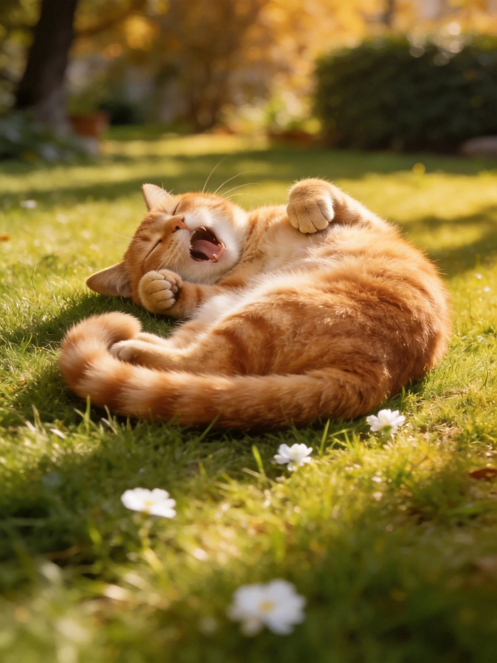 An orange cat relaxes and yawns on sunlit grass in a garden.