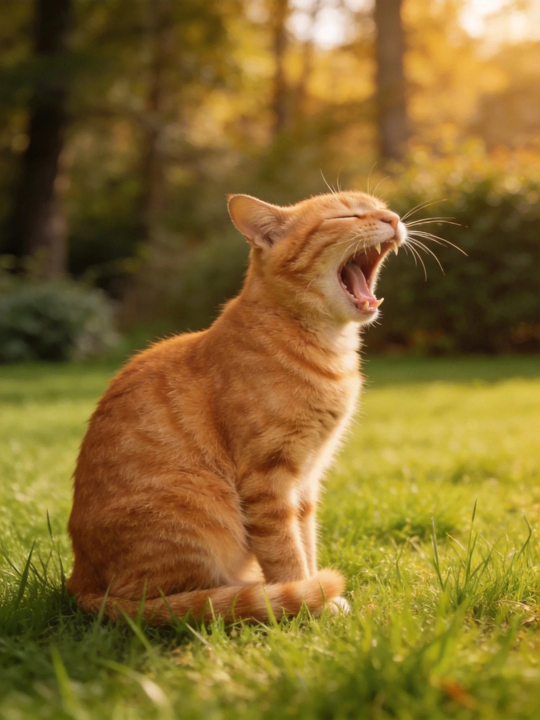 An orange tabby cat yawning on sunlit green grass