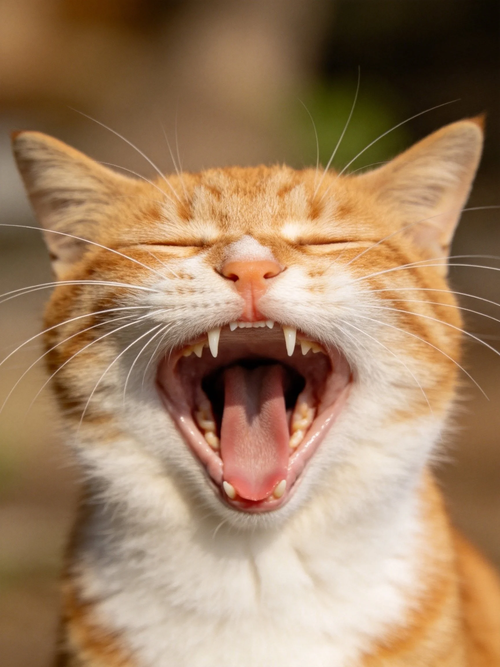 An orange tabby cat yawning widely with closed eyes