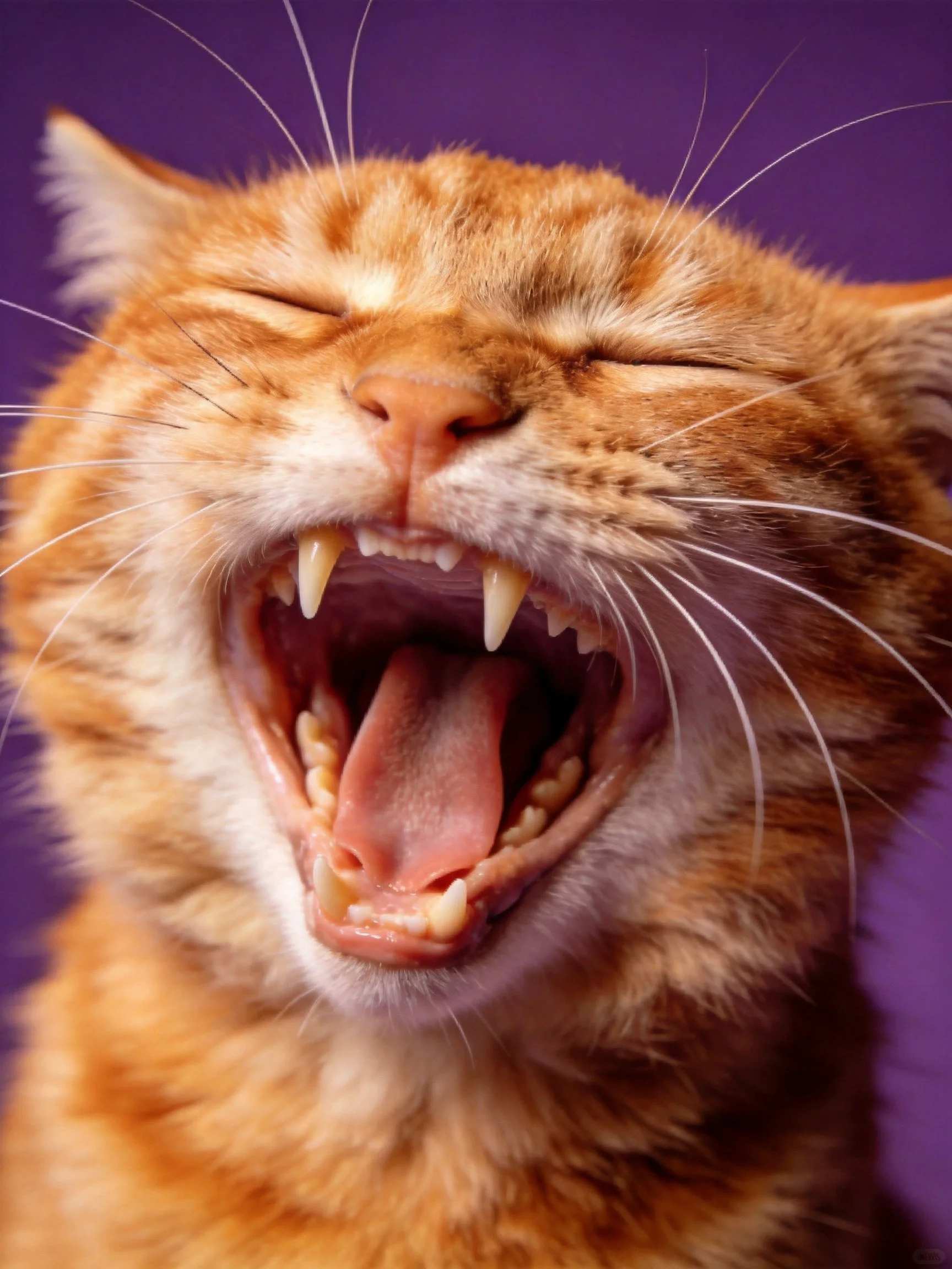 An orange tabby cat yawns widely with closed eyes.
