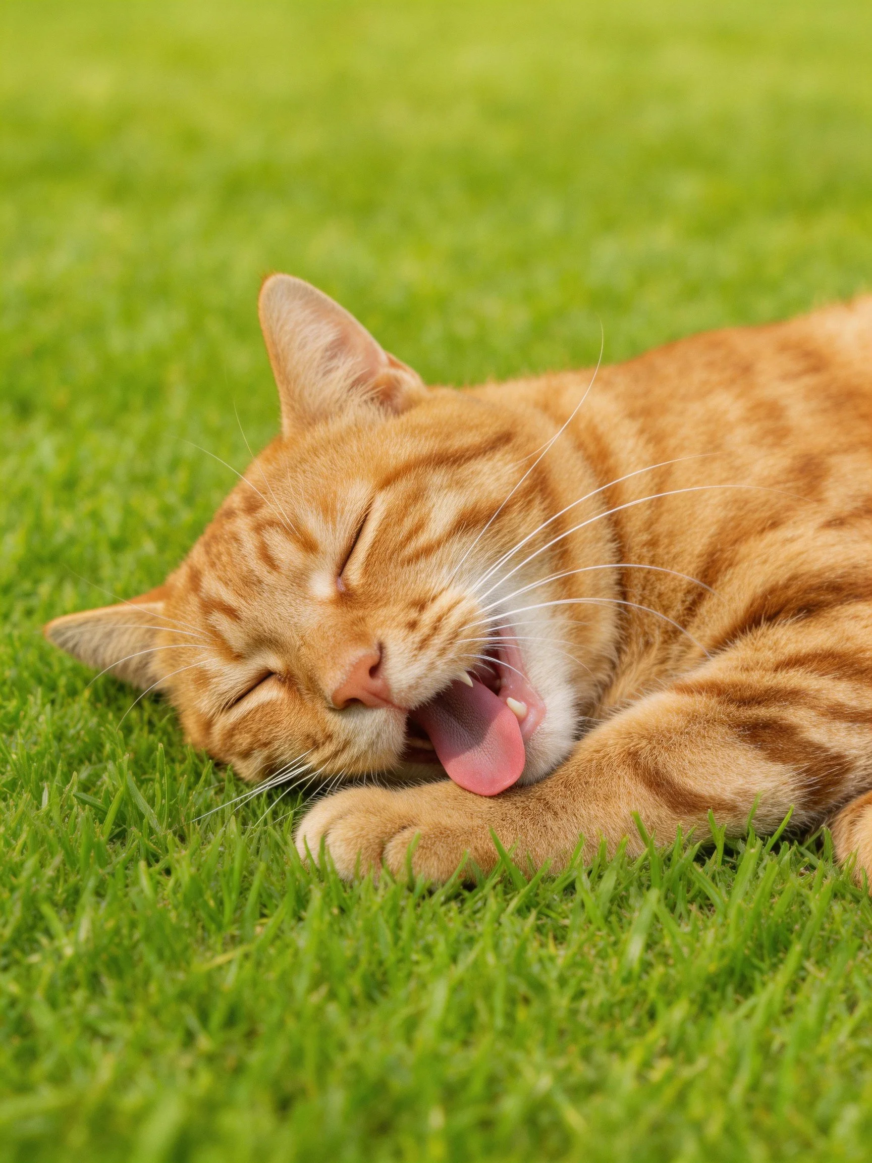 An orange tabby cat yawns on vibrant green grass