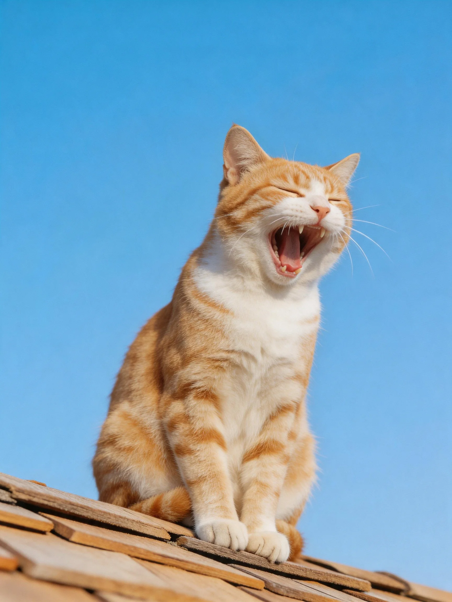 An orange tabby cat yawns on wooden roof tiles against a clear blue sky