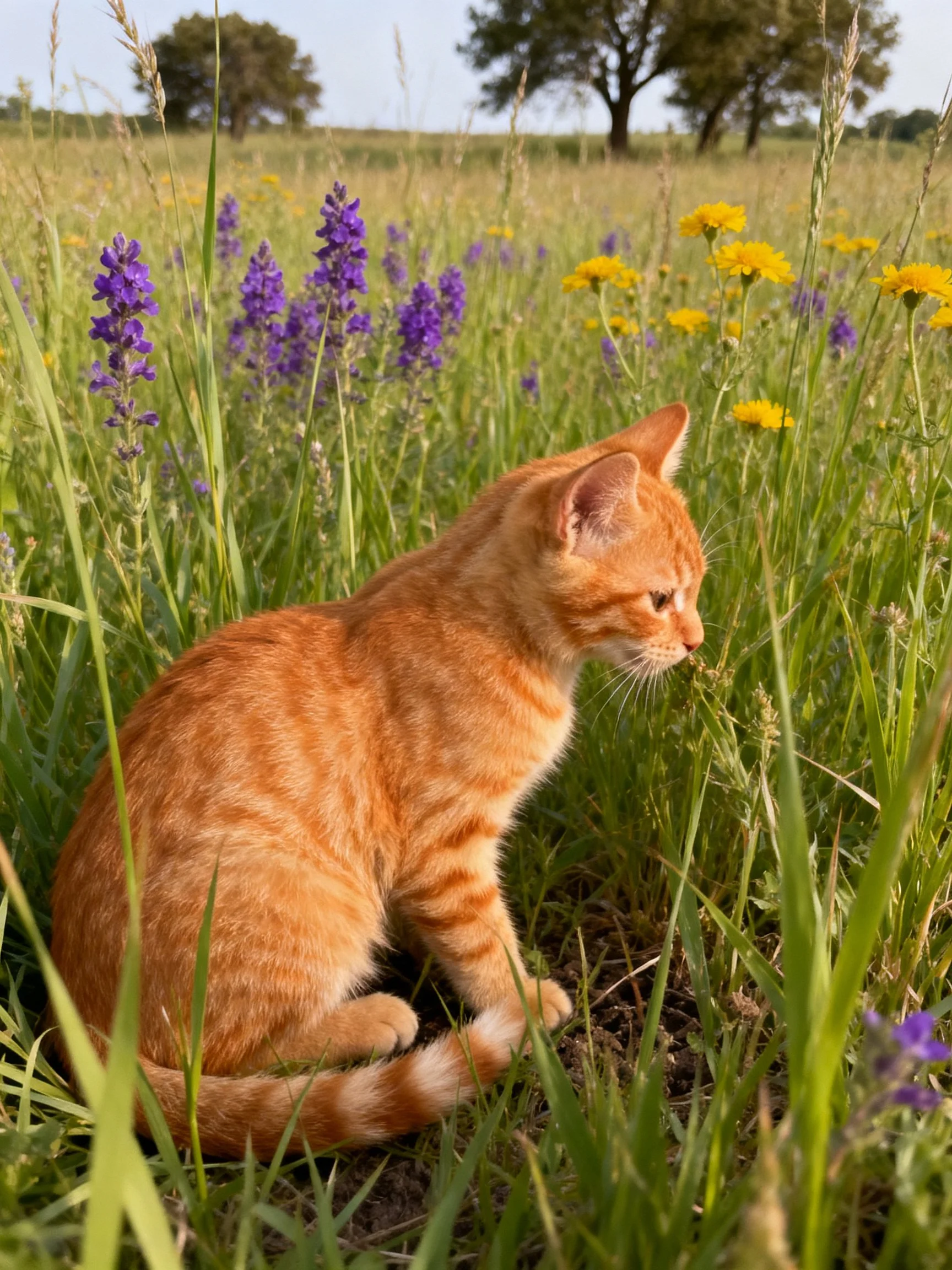An orange tabby kitten explores a meadow filled with tall grass and wildflowers.