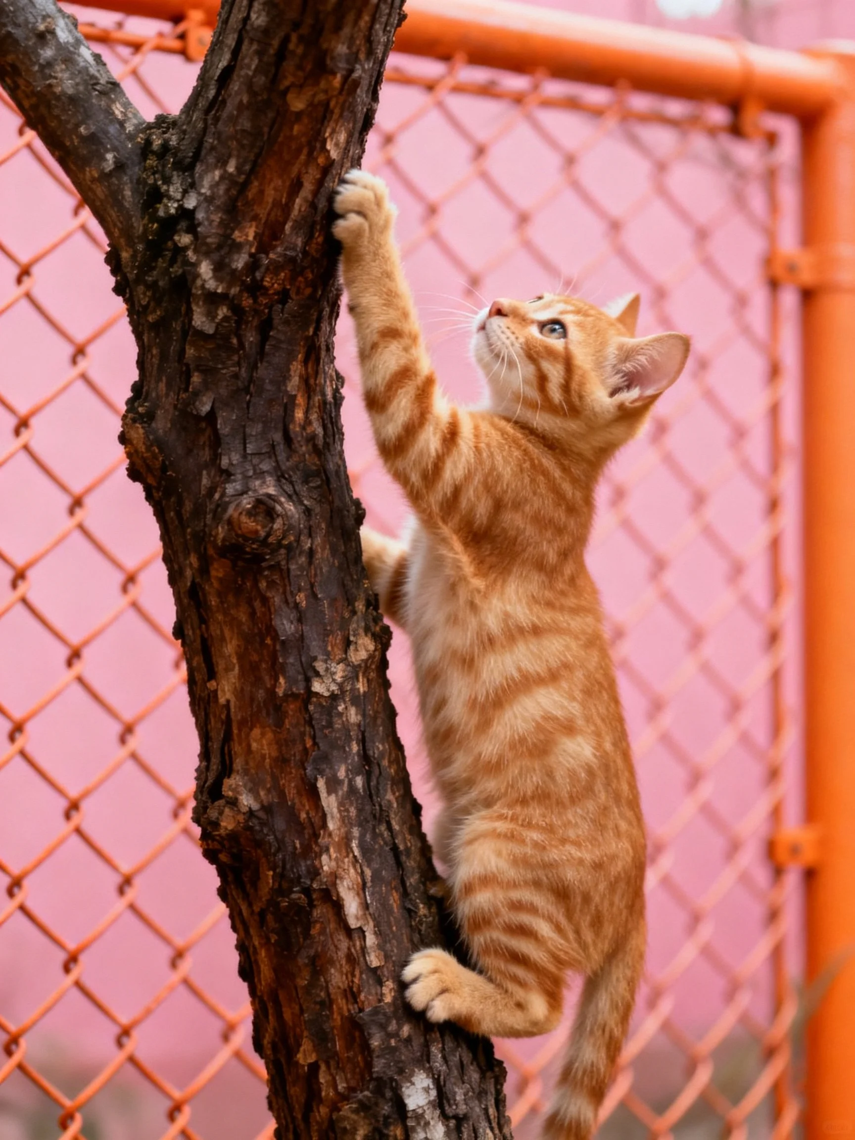 An orange tabby kitten climbs a dark brown tree trunk near a pink fence