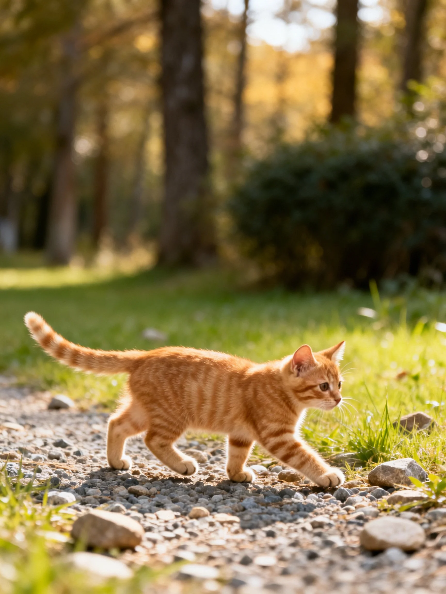 An orange tabby kitten explores a gravel path near trees