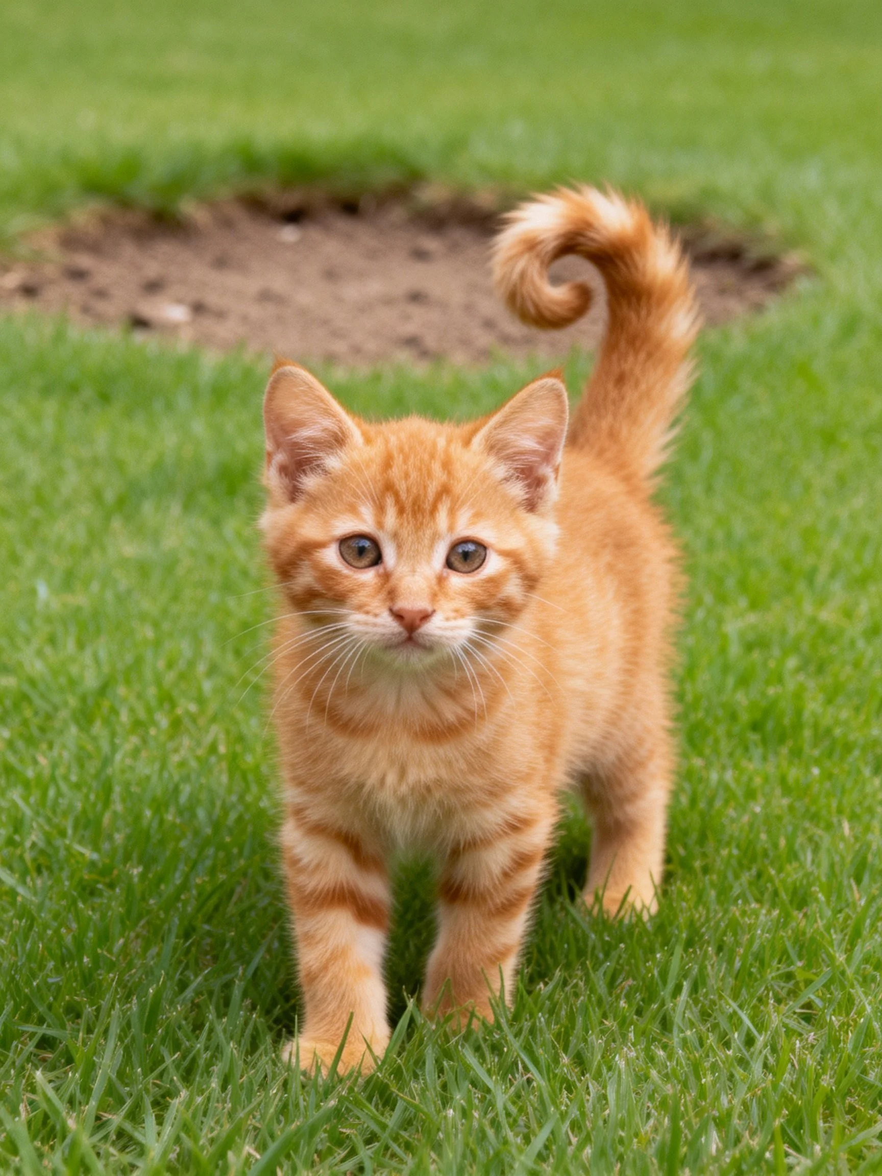 An orange tabby kitten explores lush green grass