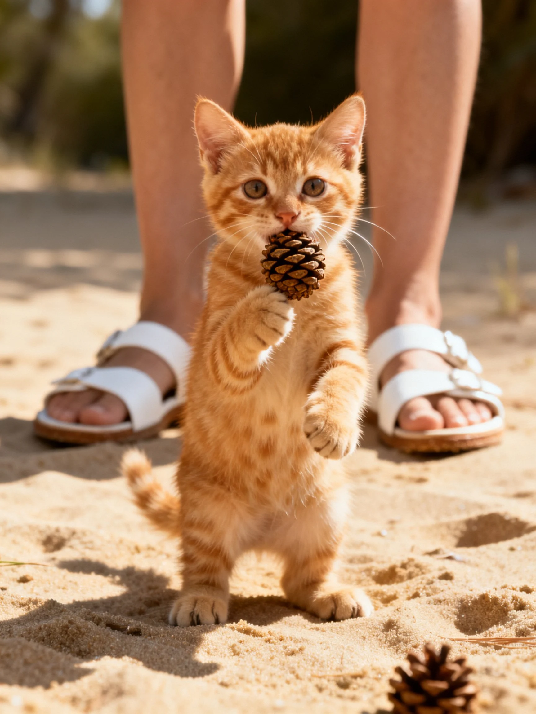 An orange tabby kitten holds a pine cone on sandy ground beside someone’s feet