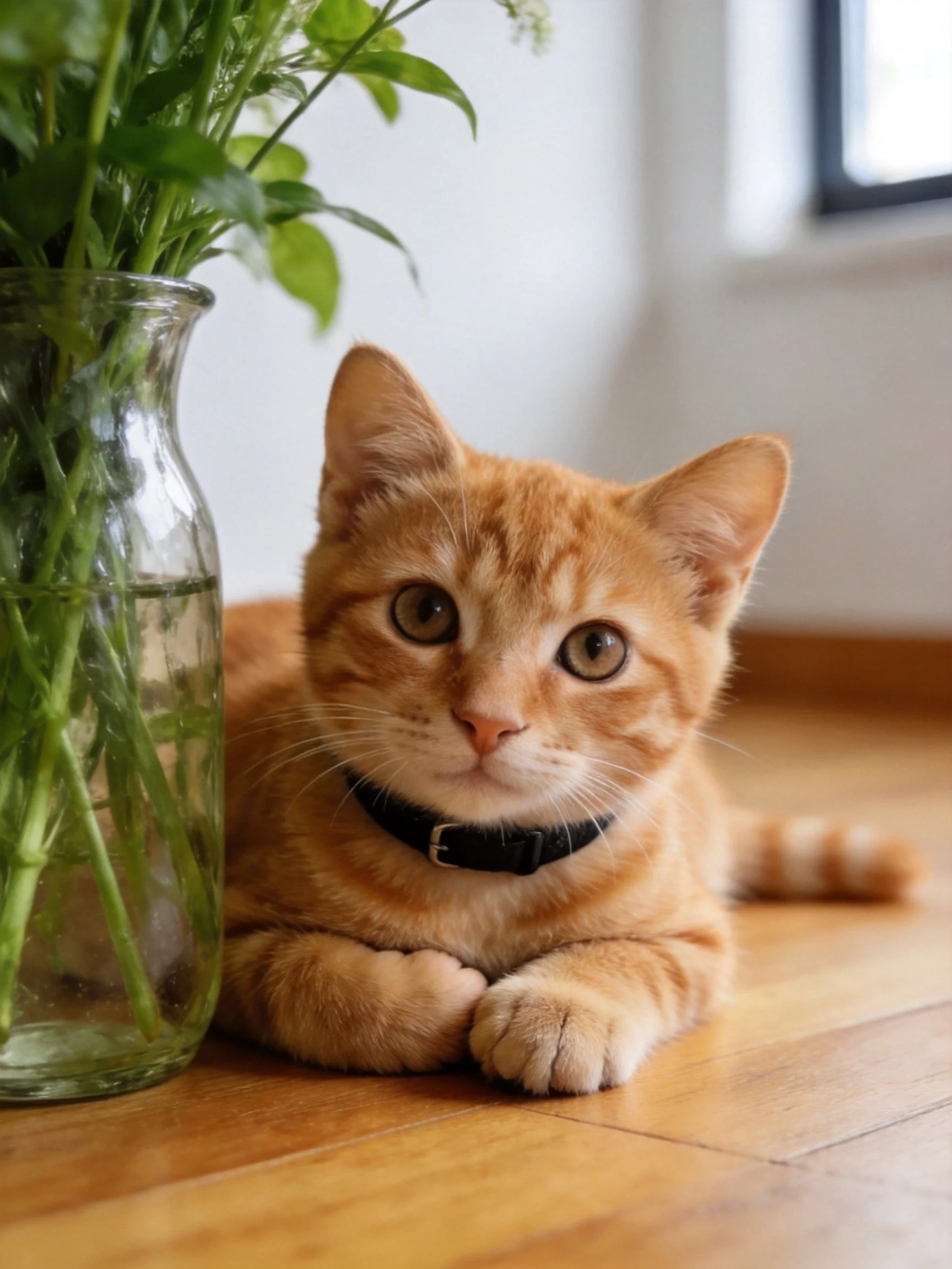 An orange tabby kitten lies near a glass vase with green plants