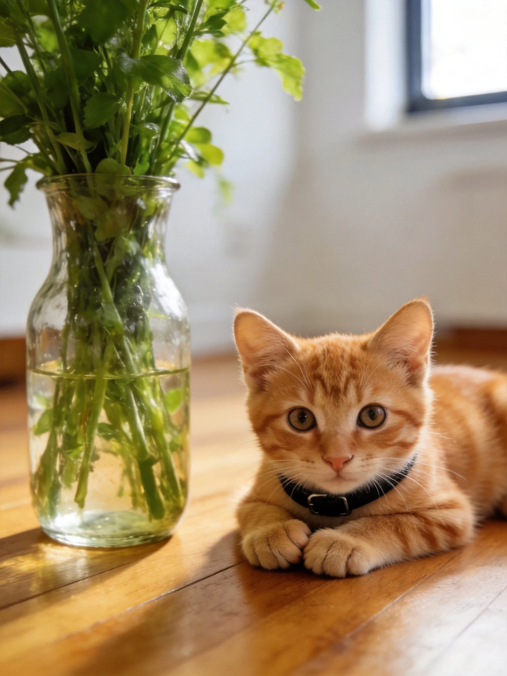 An orange tabby kitten lies next to a clear glass vase with green foliage