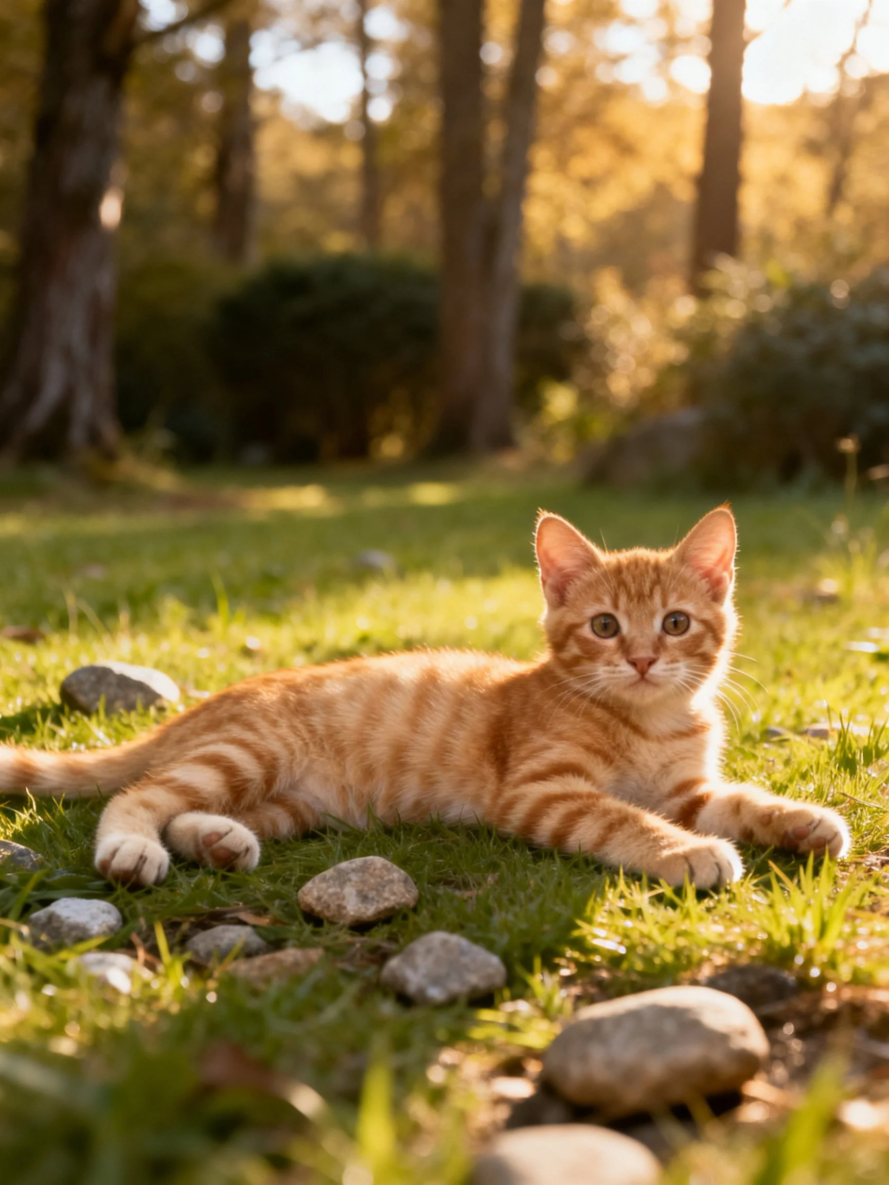 An orange tabby kitten relaxes on grass amid rocks in a sunlit wooded area.
