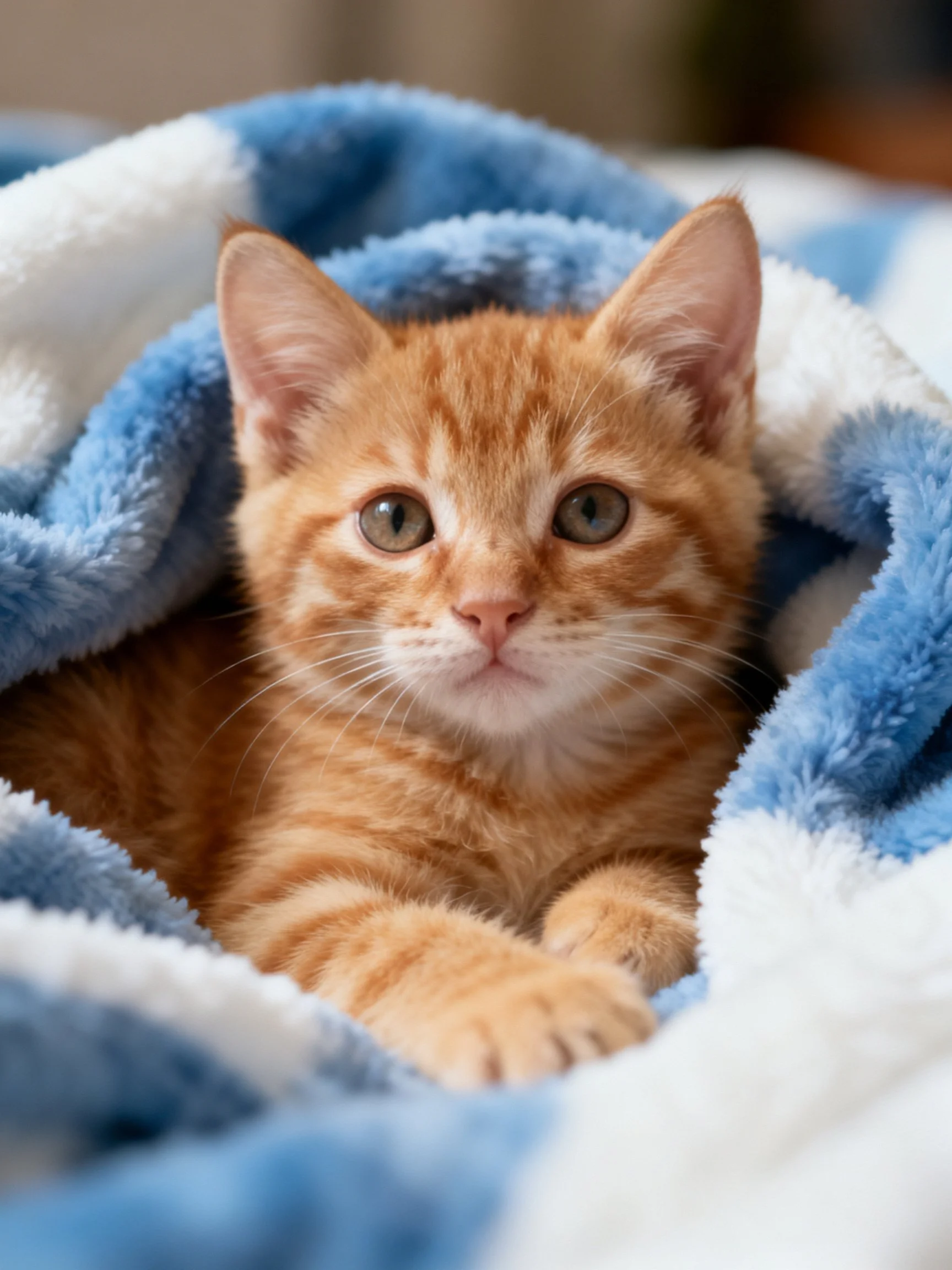 An orange tabby kitten nestled in a blue - white blanket