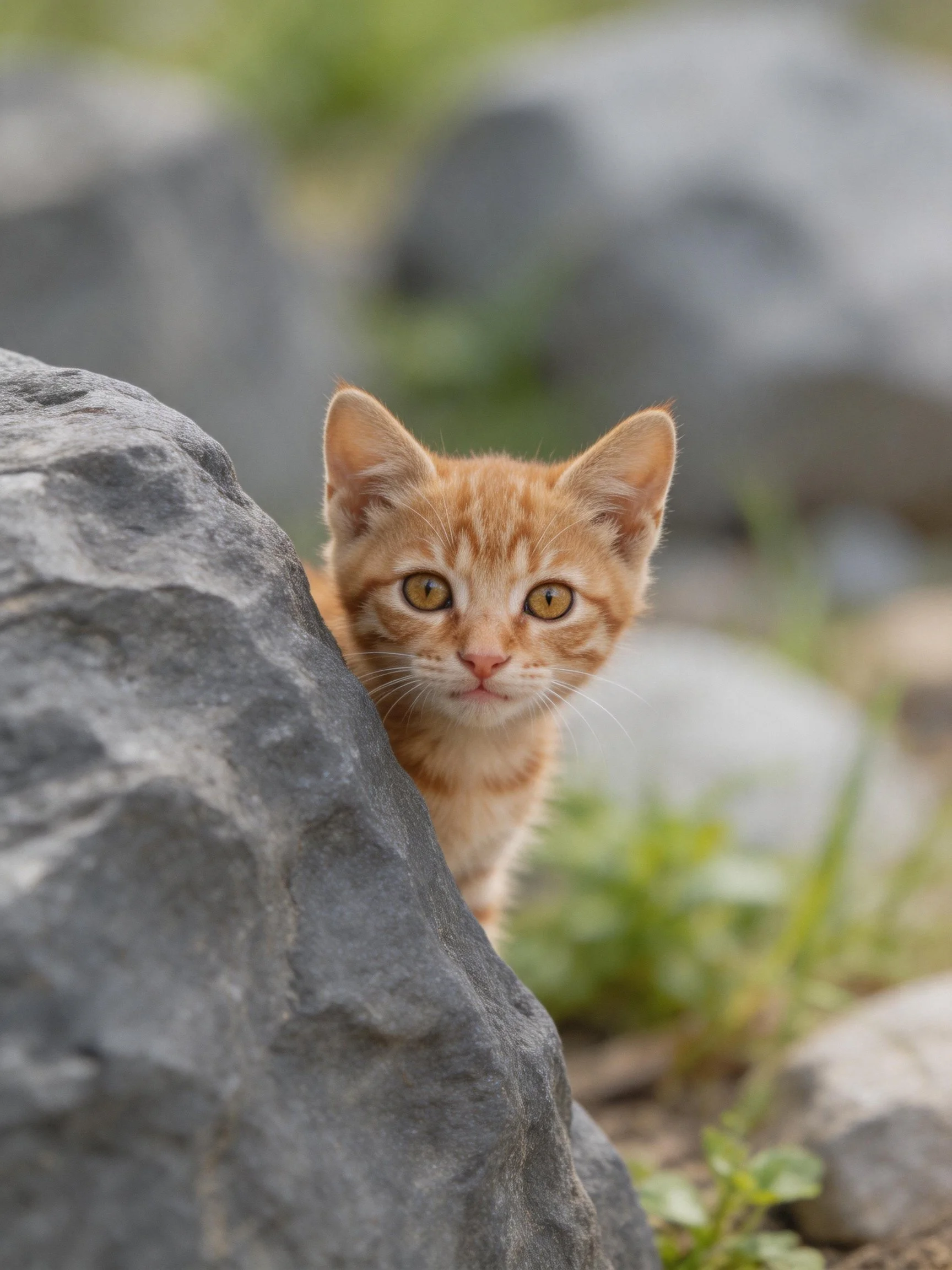 An orange tabby kitten peeks from behind a large gray rock