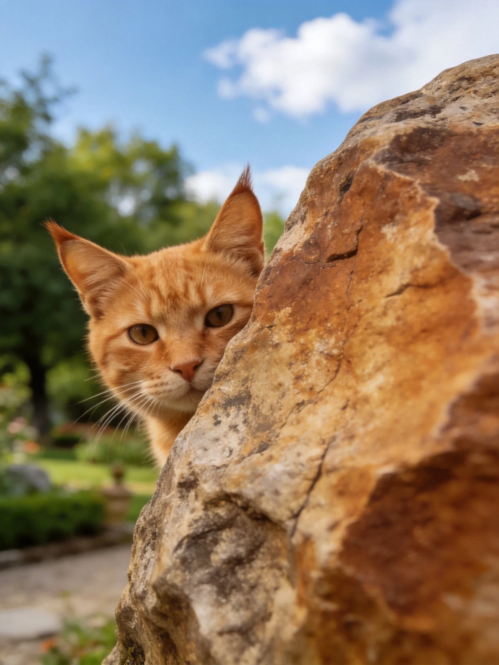 An orange tabby kitten peeks from behind a large textured rock