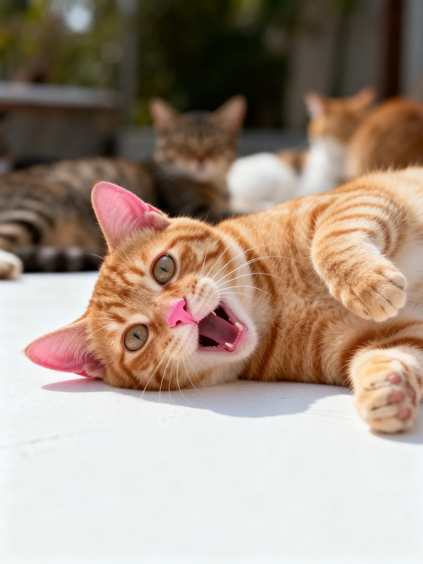 An orange tabby kitten plays on a white surface with other cats in the background