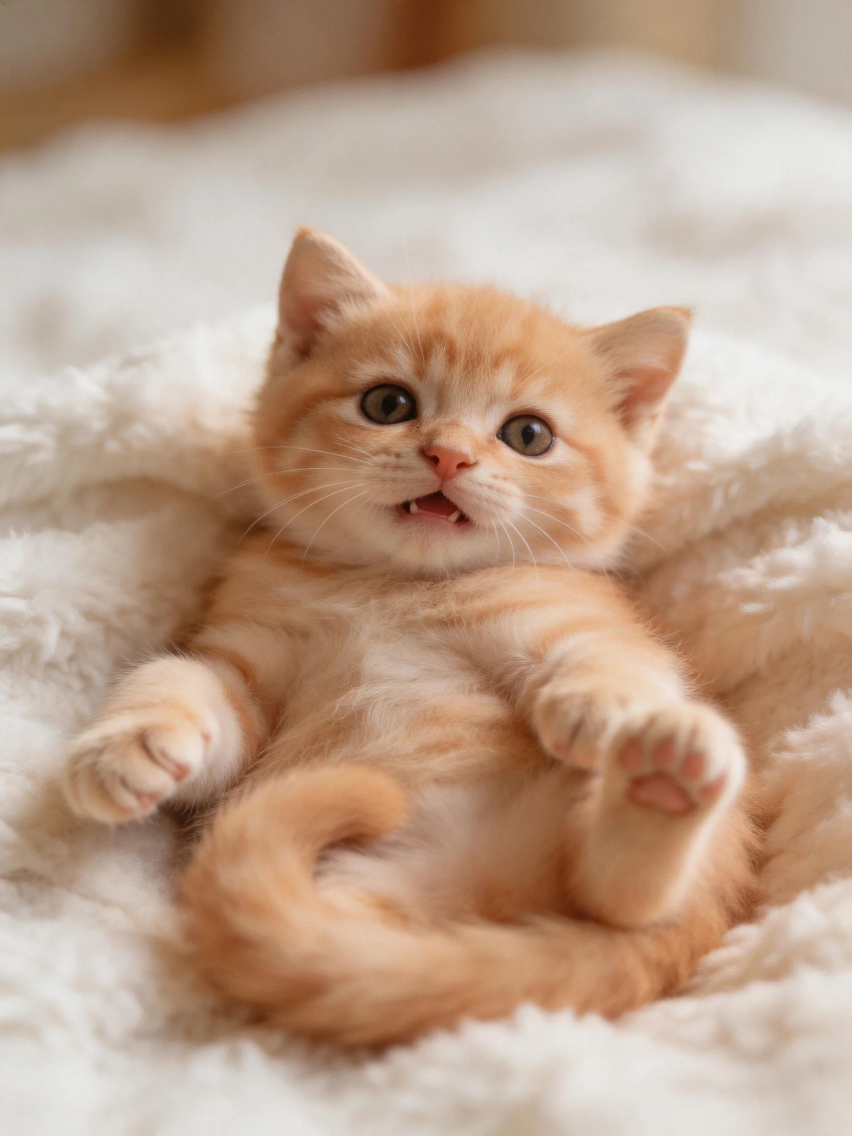 An orange tabby kitten relaxes on a plush white blanket