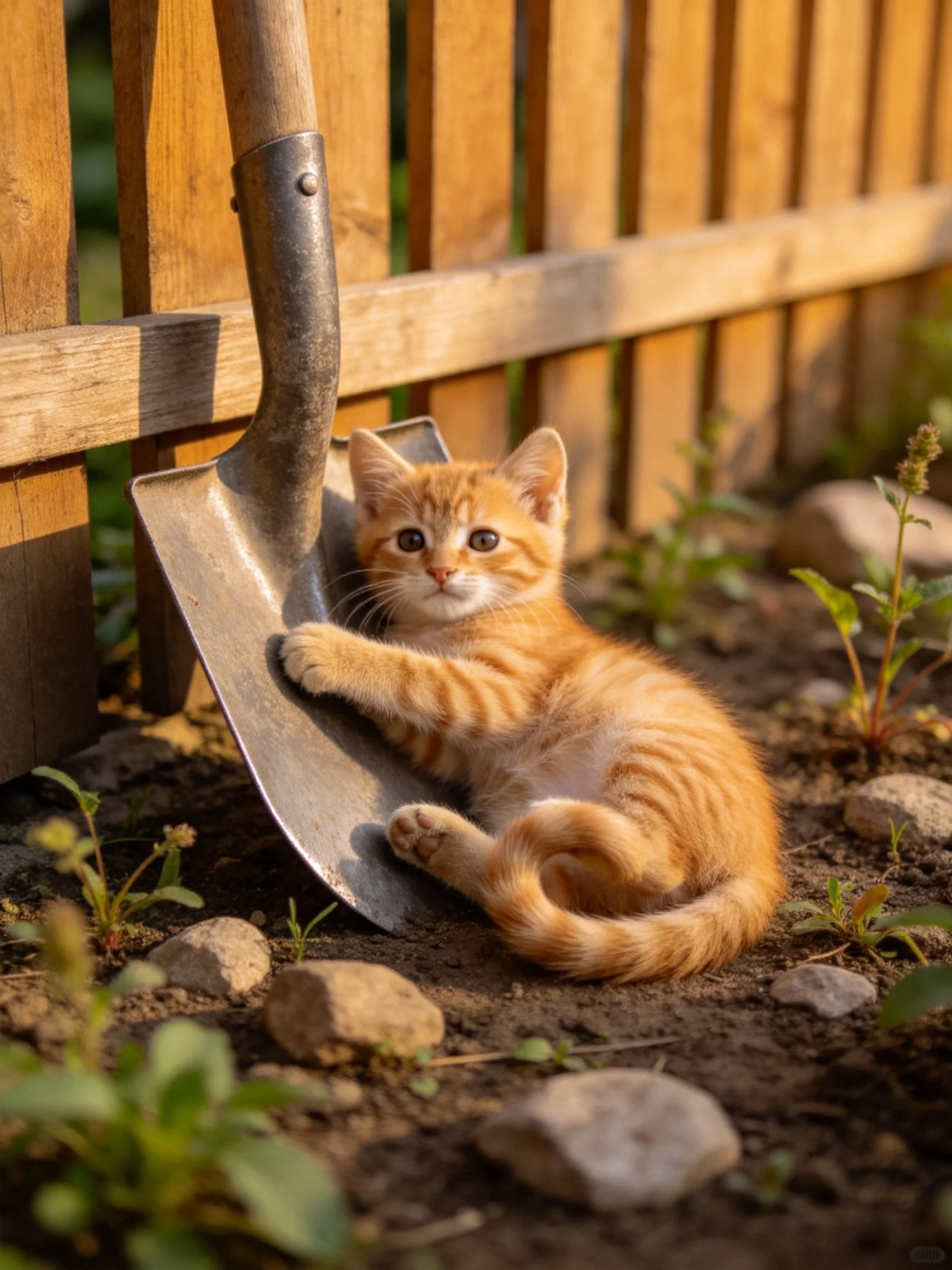 An orange tabby kitten relaxes beside a metal shovel near a wooden fence in a garden setting.