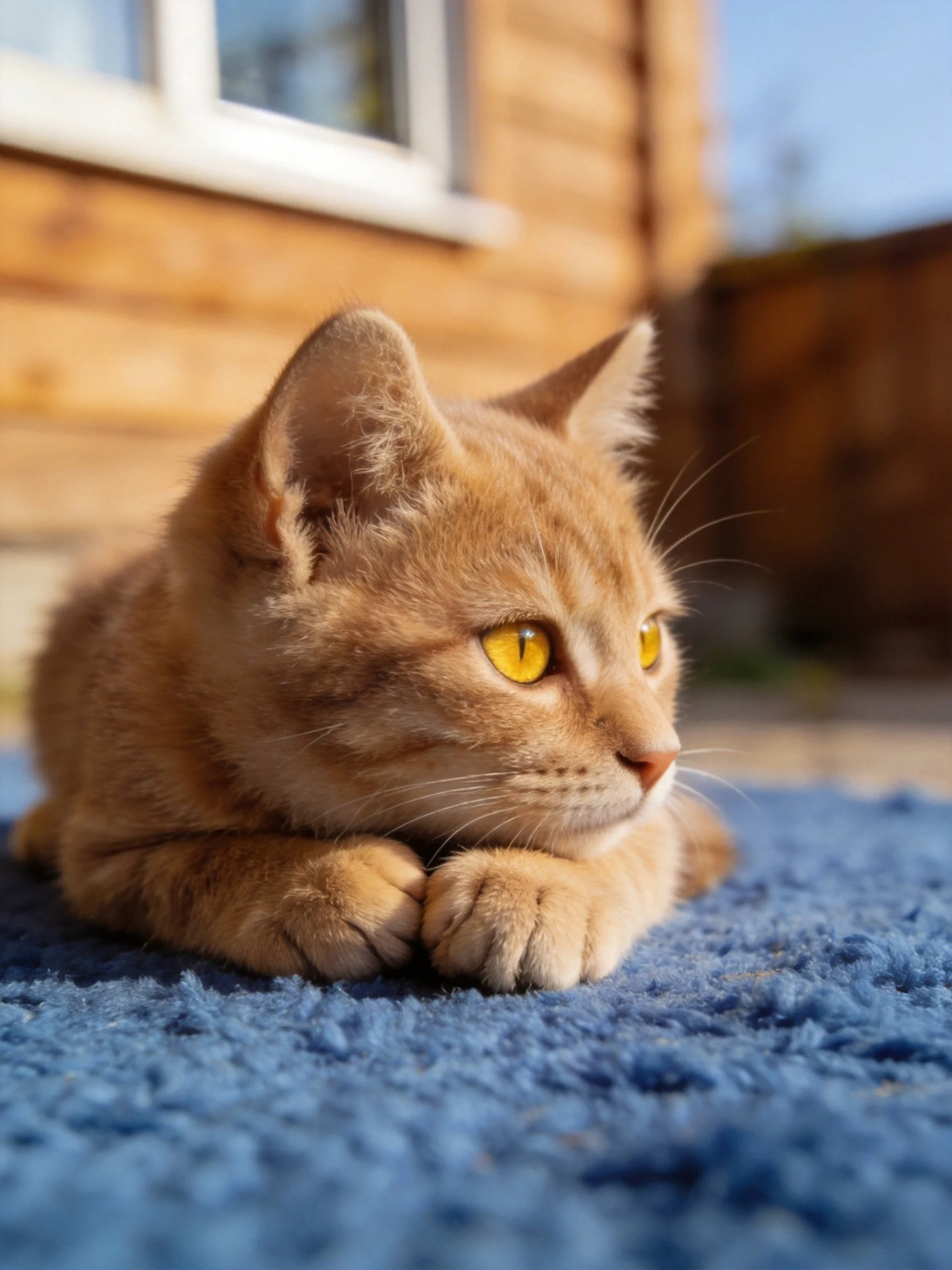 An orange tabby kitten relaxes on a blue carpet outdoors beside a wooden structure.