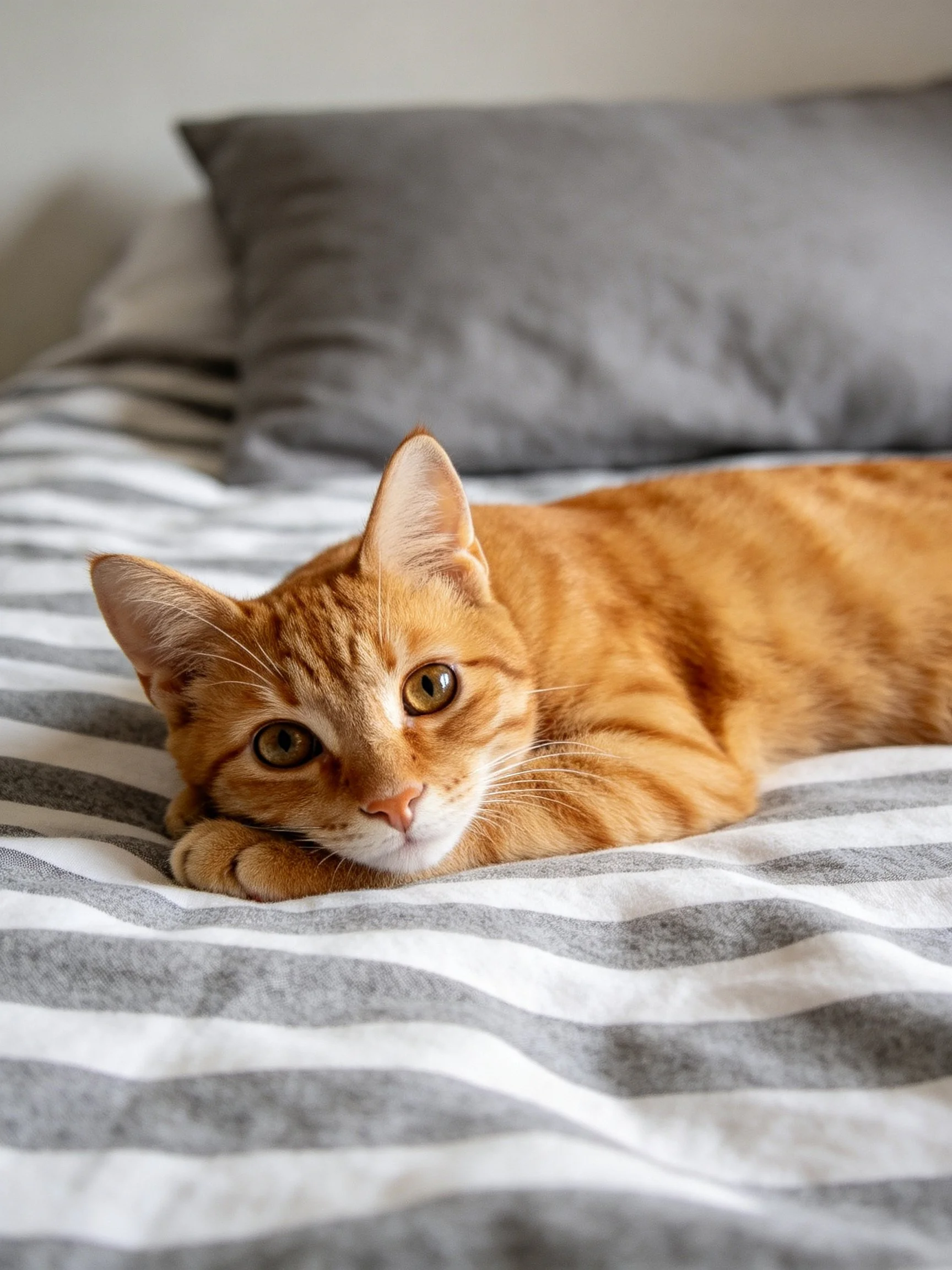 An orange tabby kitten relaxes on a striped bedspread with gray pillows.