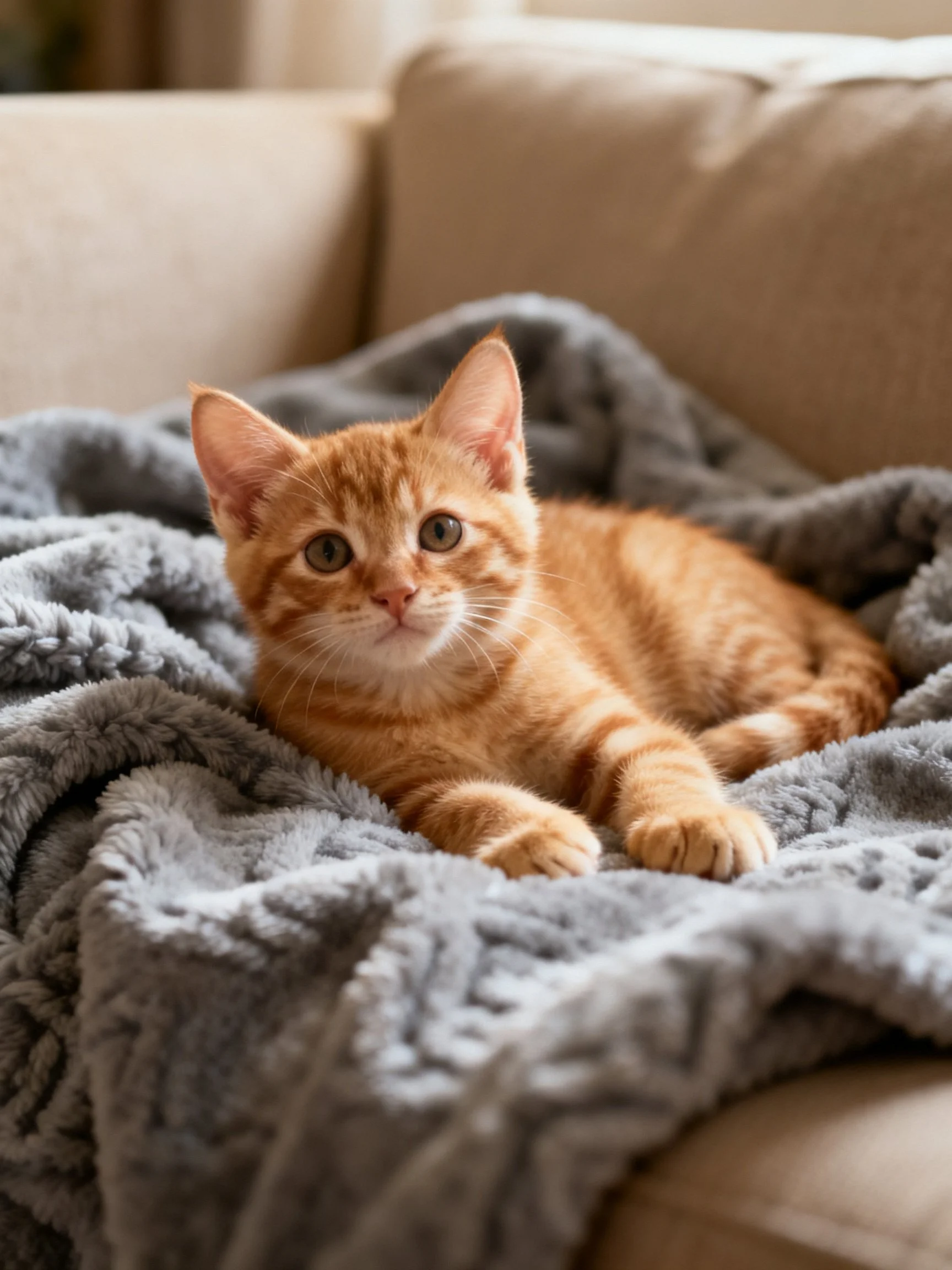 An orange tabby kitten relaxes on a gray blanket near a beige couch