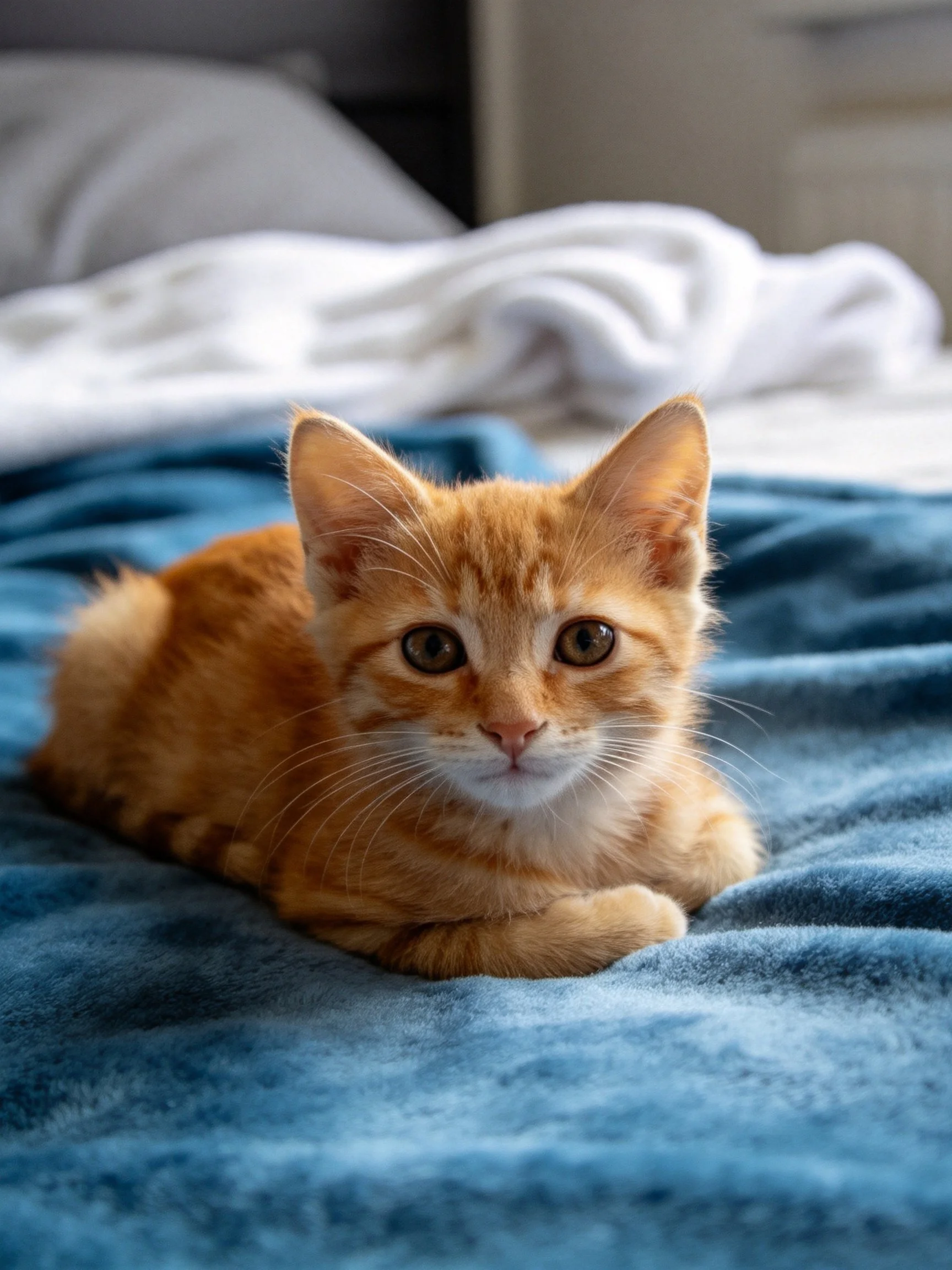 An orange tabby kitten relaxes on a blue blanket near white bedding.