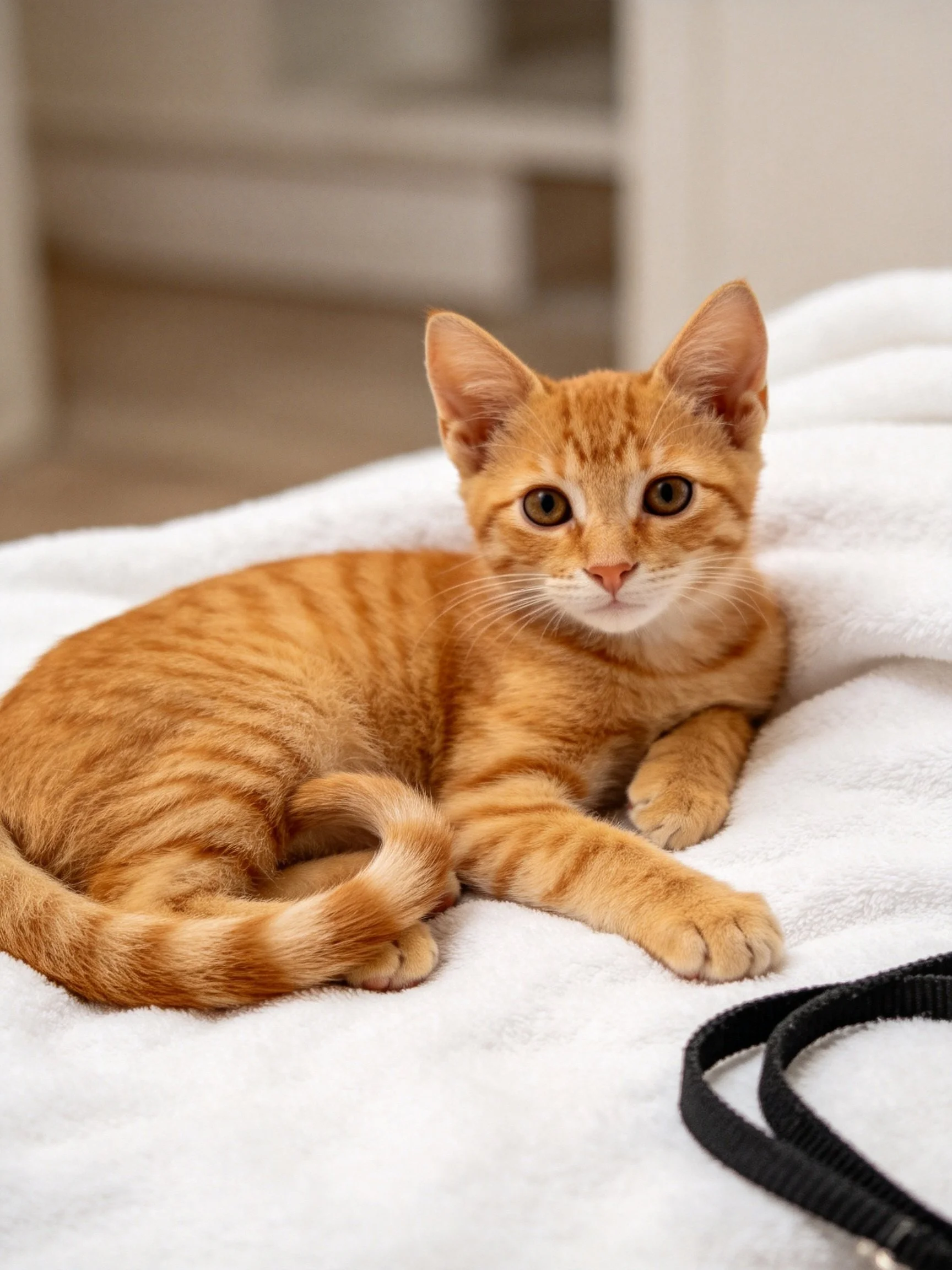 An orange tabby kitten relaxes on a white towel beside a black leash