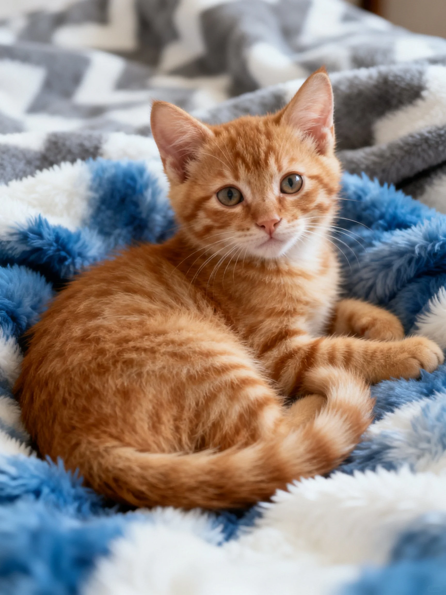 An orange tabby kitten relaxes on colorful blankets