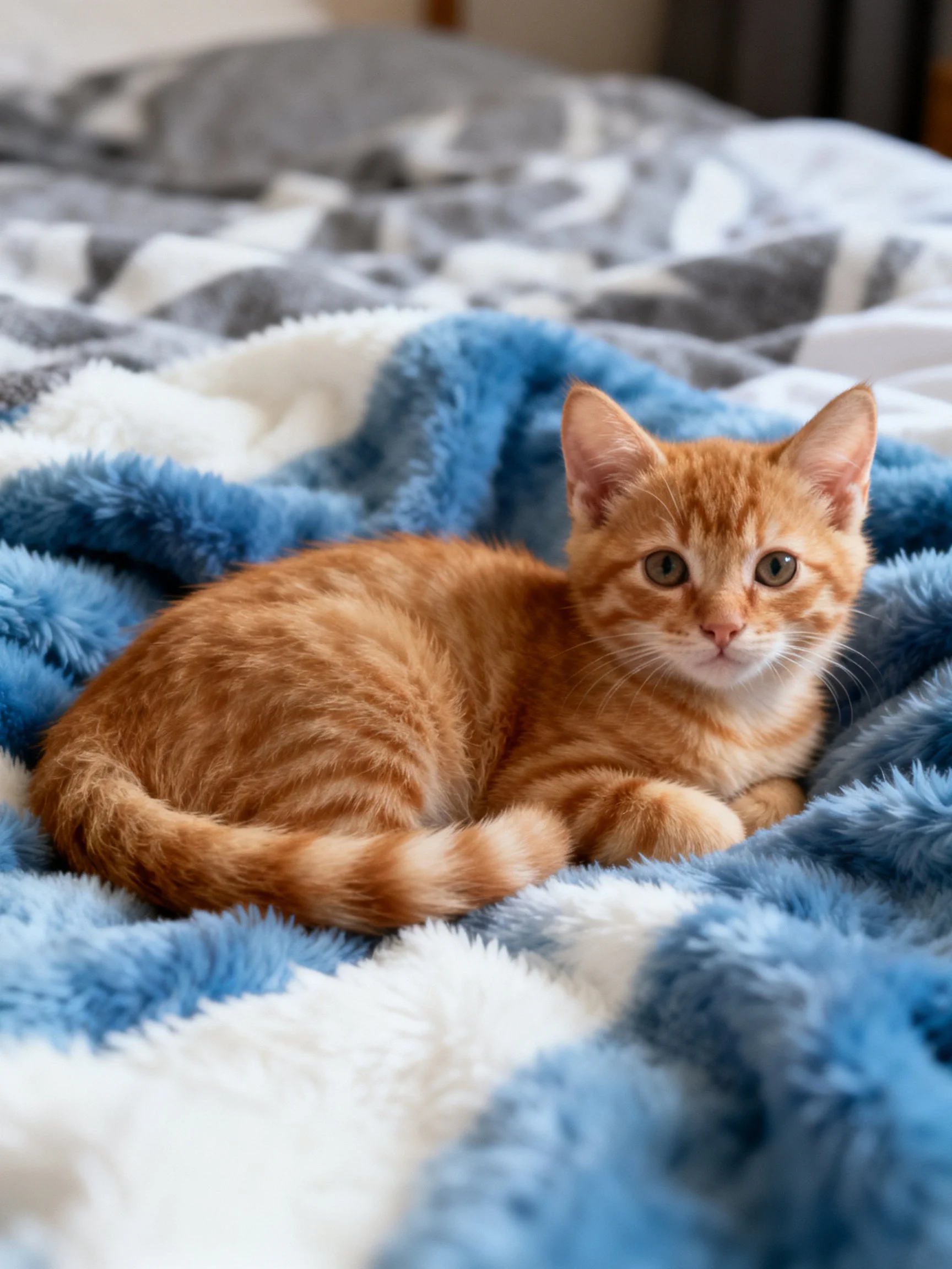 An orange tabby kitten relaxes on soft blankets