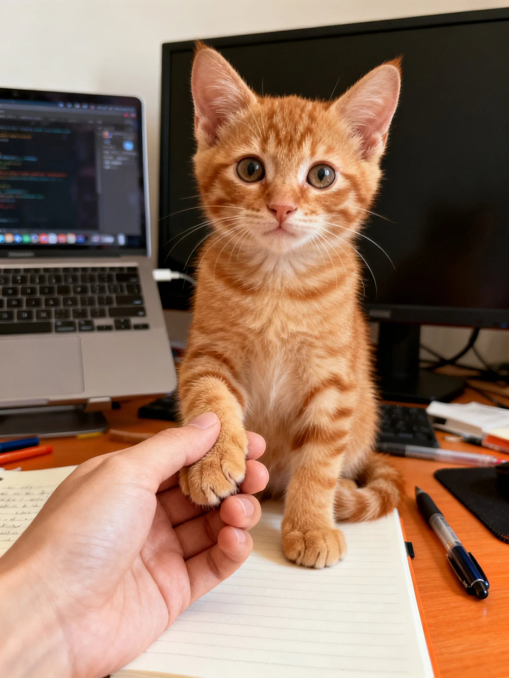 An orange tabby kitten shakes hands with a human hand near two computers