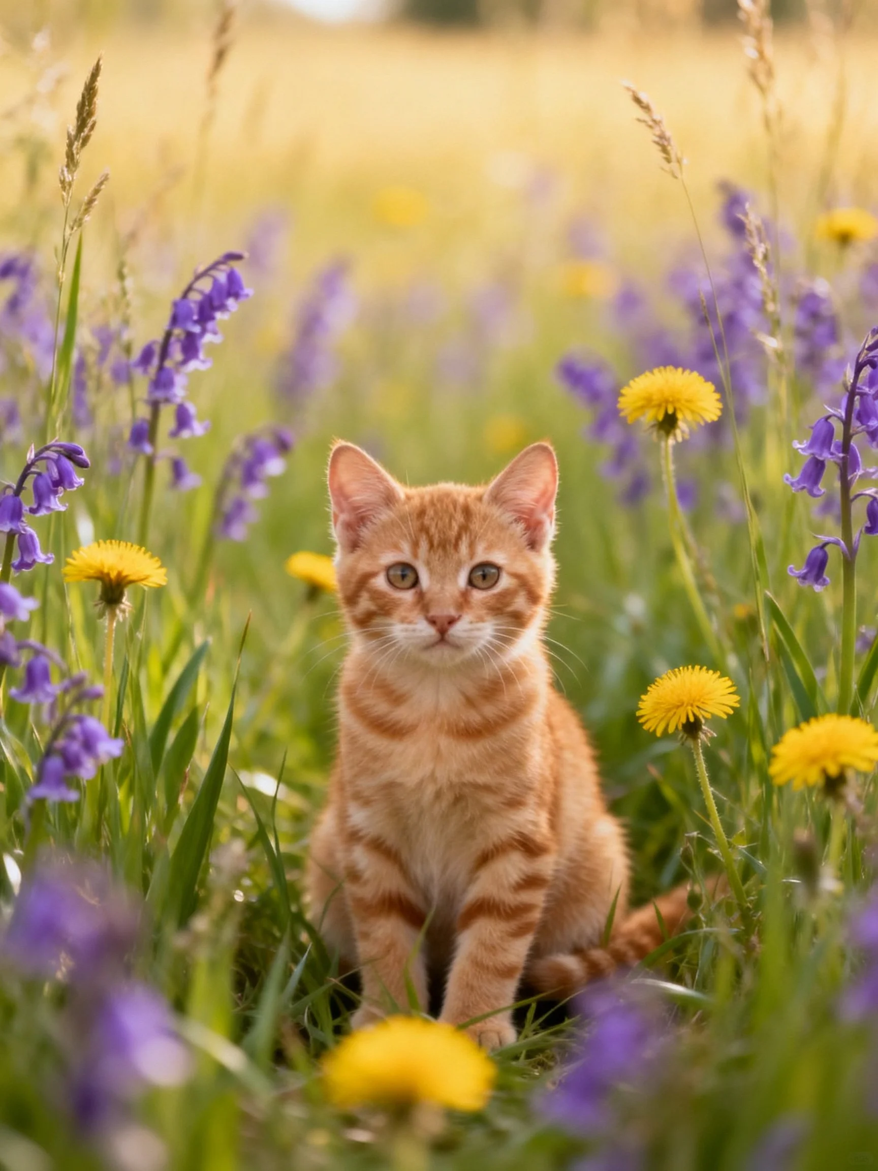 An orange tabby kitten sits amid colorful wildflowers in a sunlit meadow.