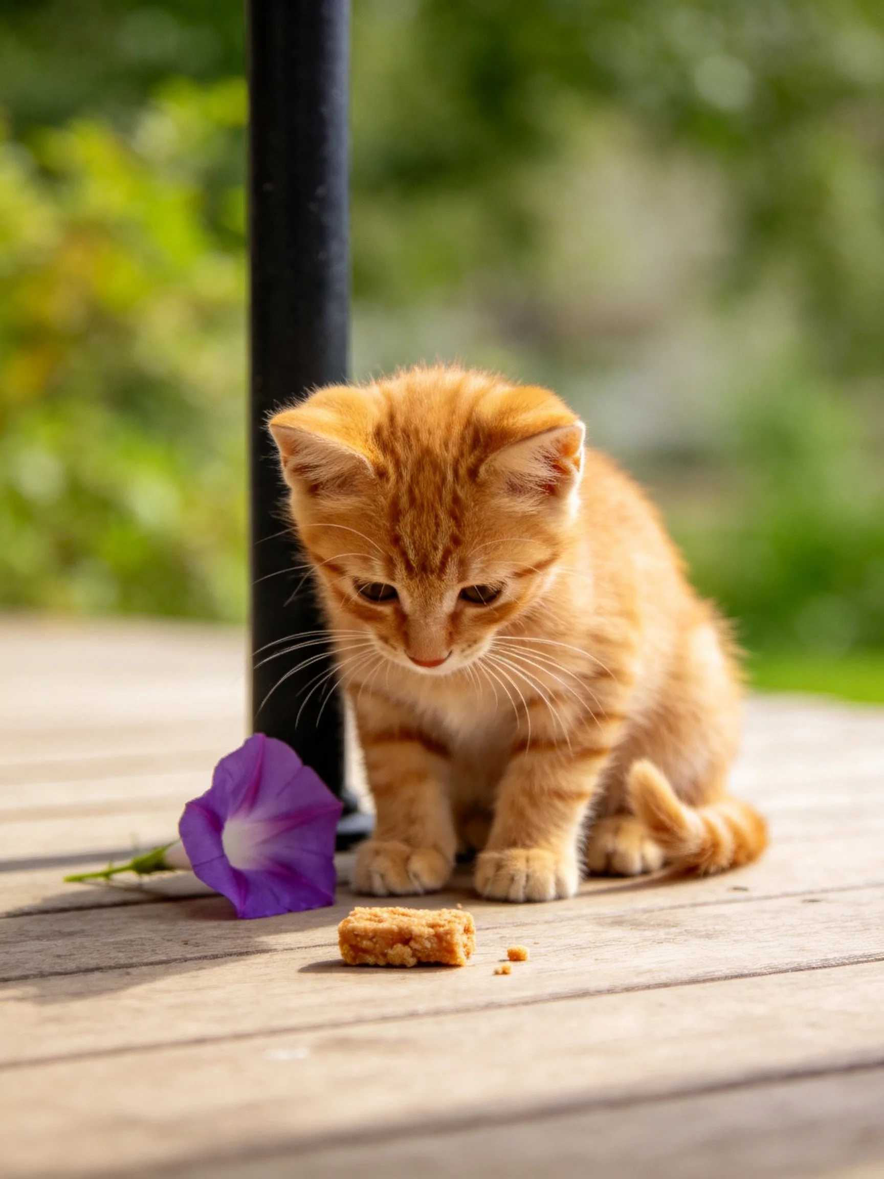 An orange tabby kitten sits near a purple flower and a treat on wood