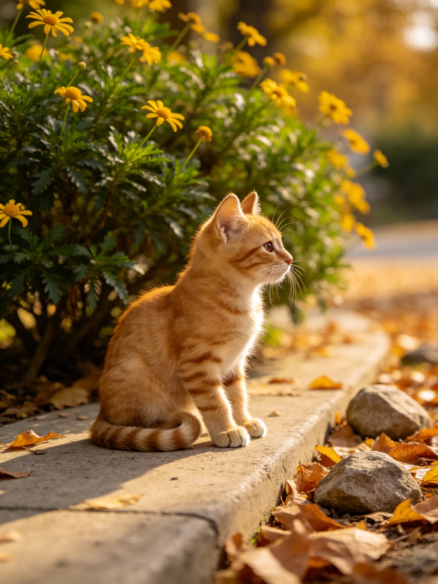An orange tabby kitten sits beside vibrant yellow flowers with fallen leaves