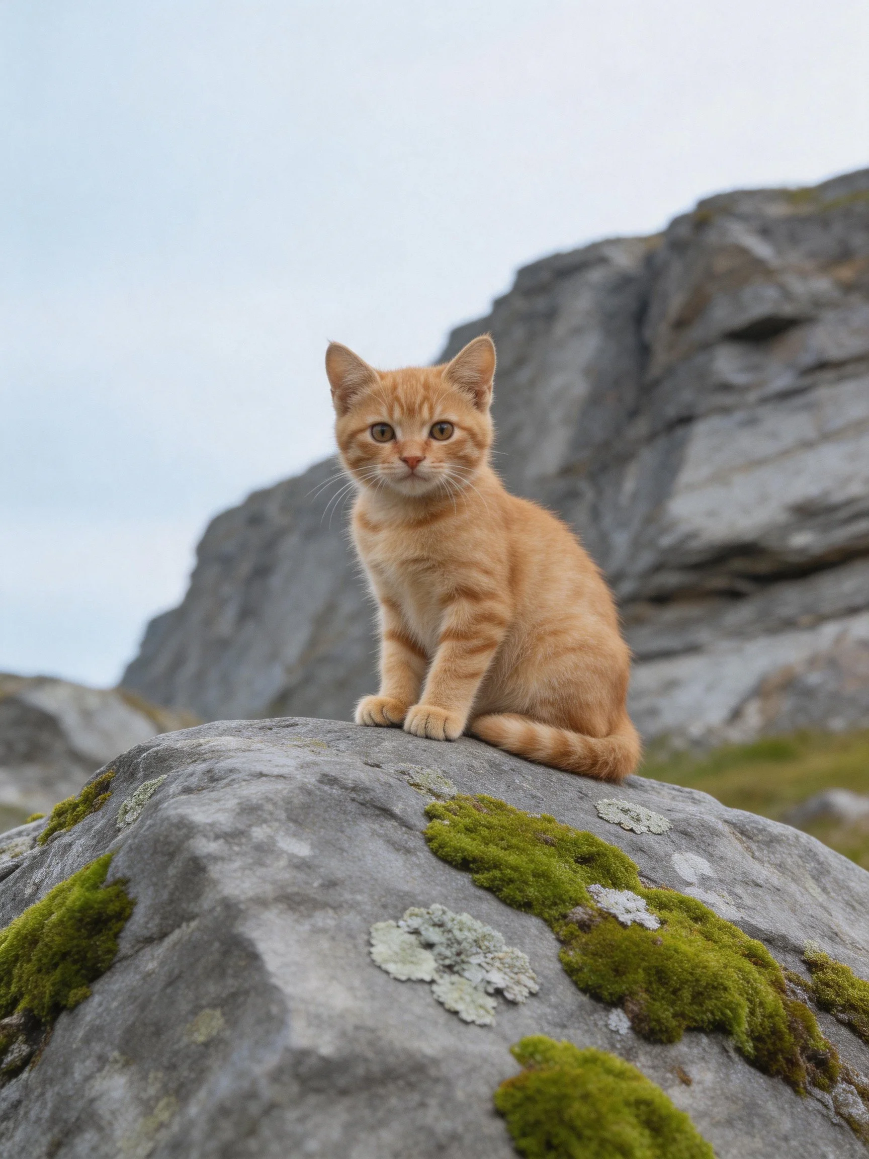 An orange tabby kitten sits on a mossy rock near gray stone cliffs
