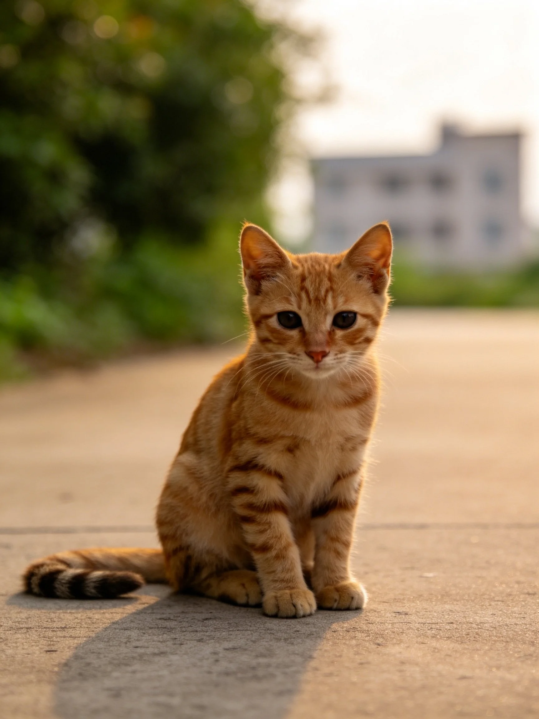 An orange tabby kitten sits calmly on a sunlit outdoor surface.