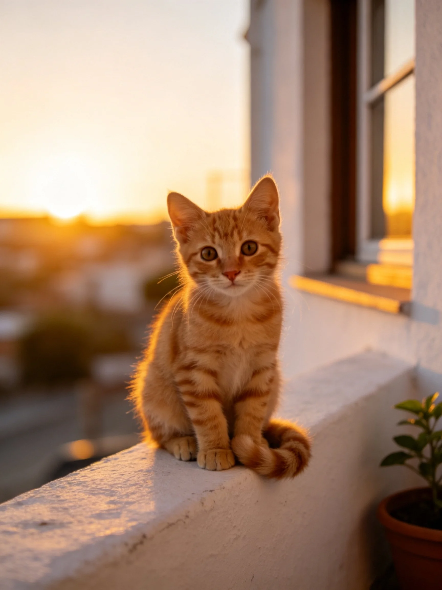 An orange tabby kitten sits on a white ledge as the sun sets over buildings.