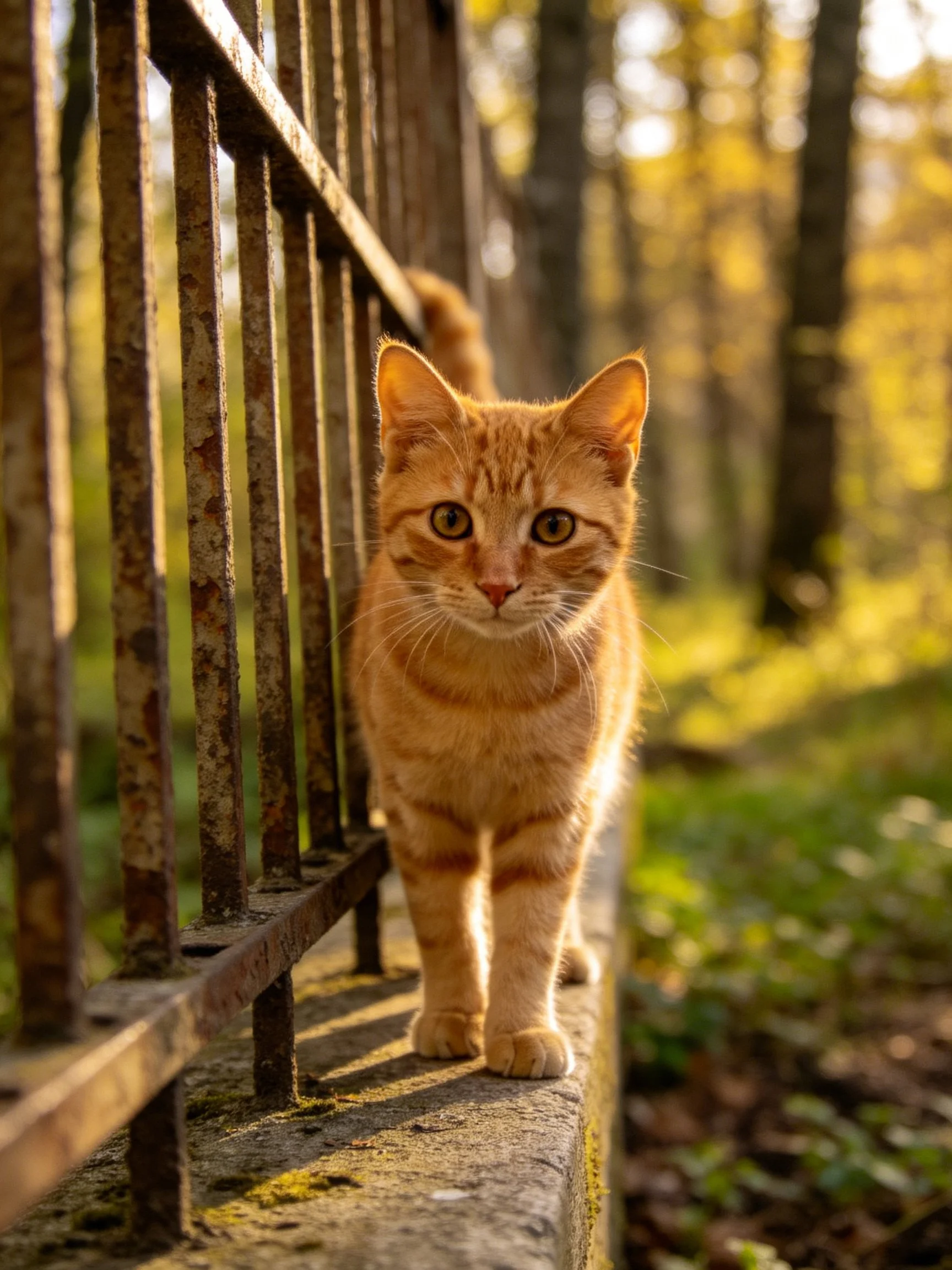 An orange tabby kitten stands by a rusted iron fence in a sunlit forest