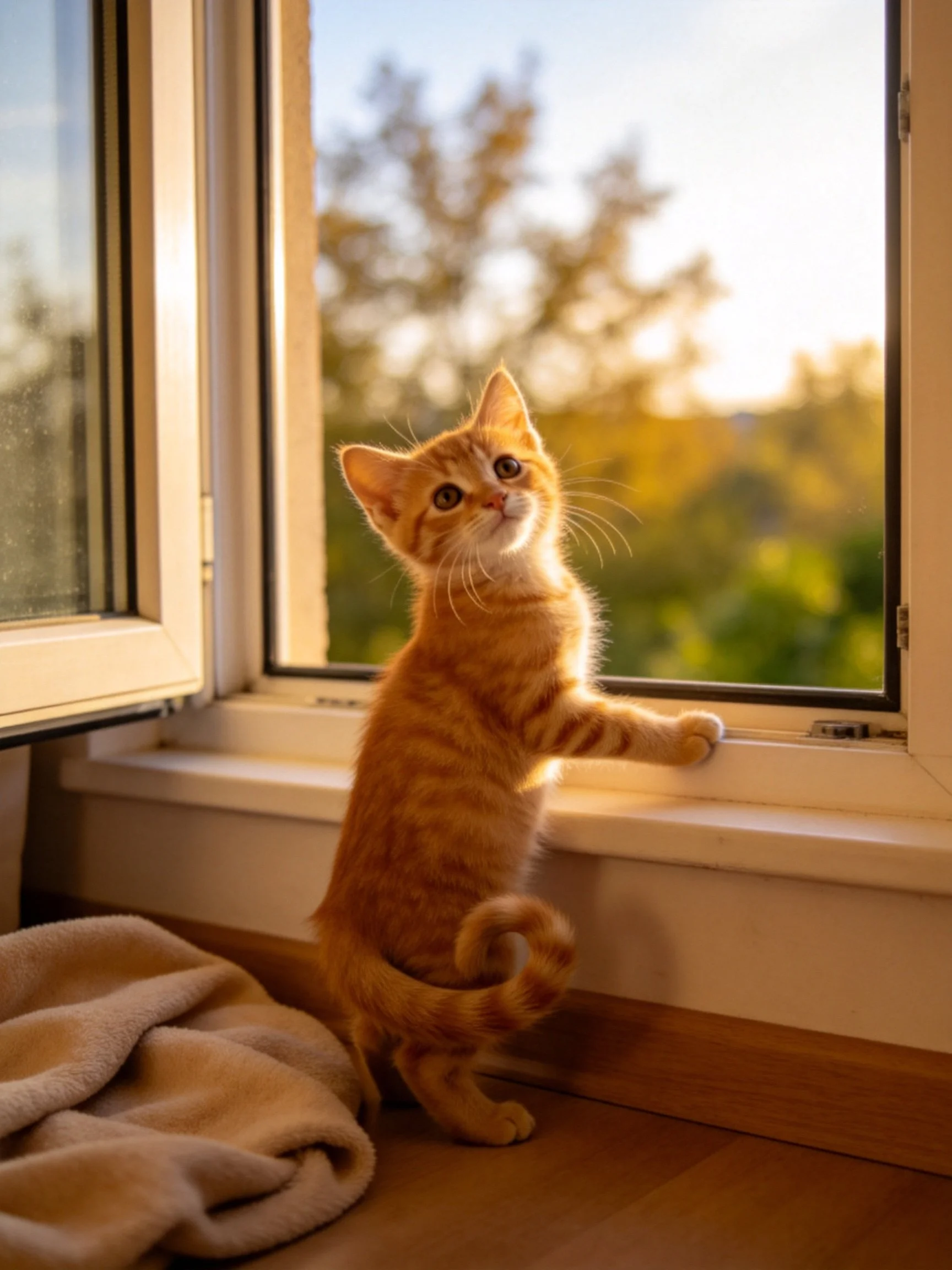 An orange tabby kitten stands by an open window with warm sunlight