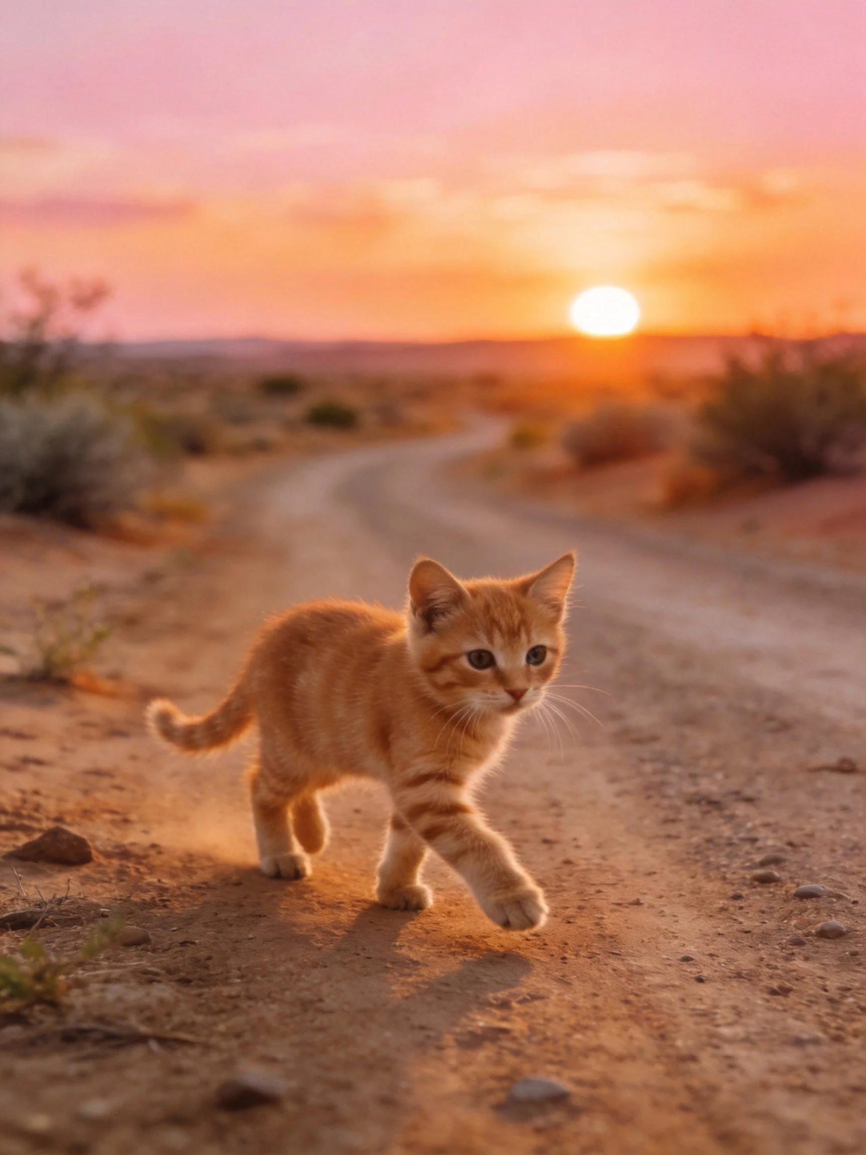 An orange tabby kitten walking along a dusty desert road at sunset
