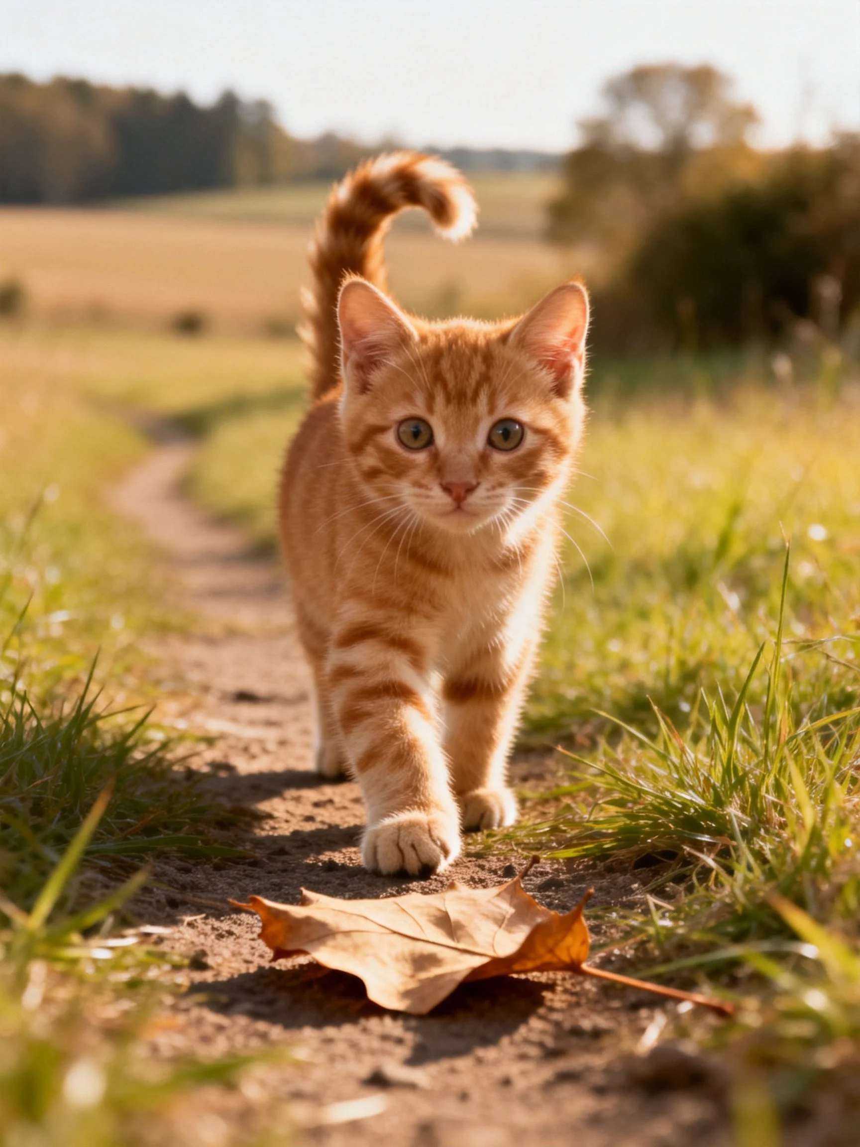 An orange tabby kitten walks toward the camera on a sunlit dirt path