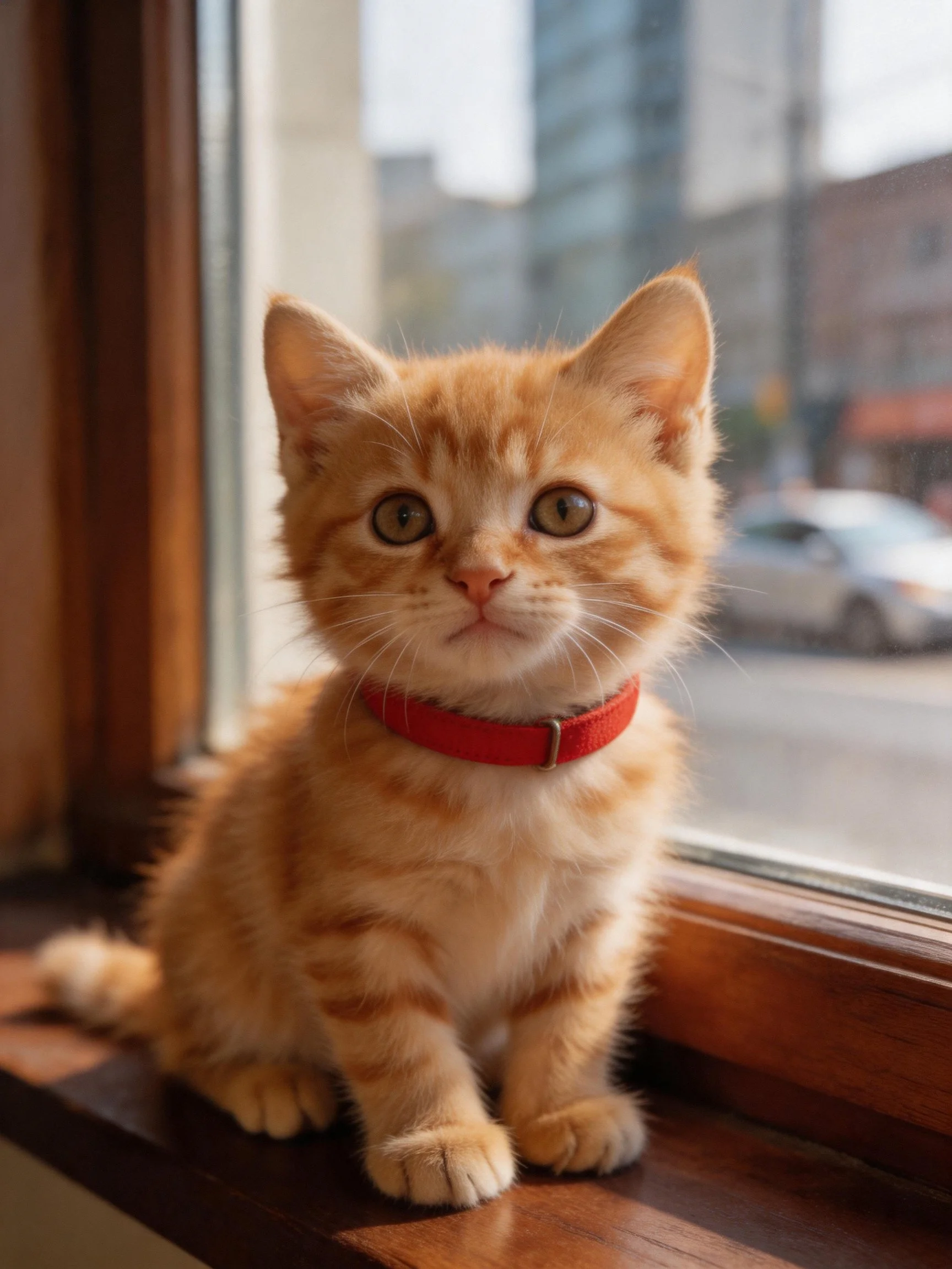 An orange tabby kitten with a red collar sits near a window with a city view.