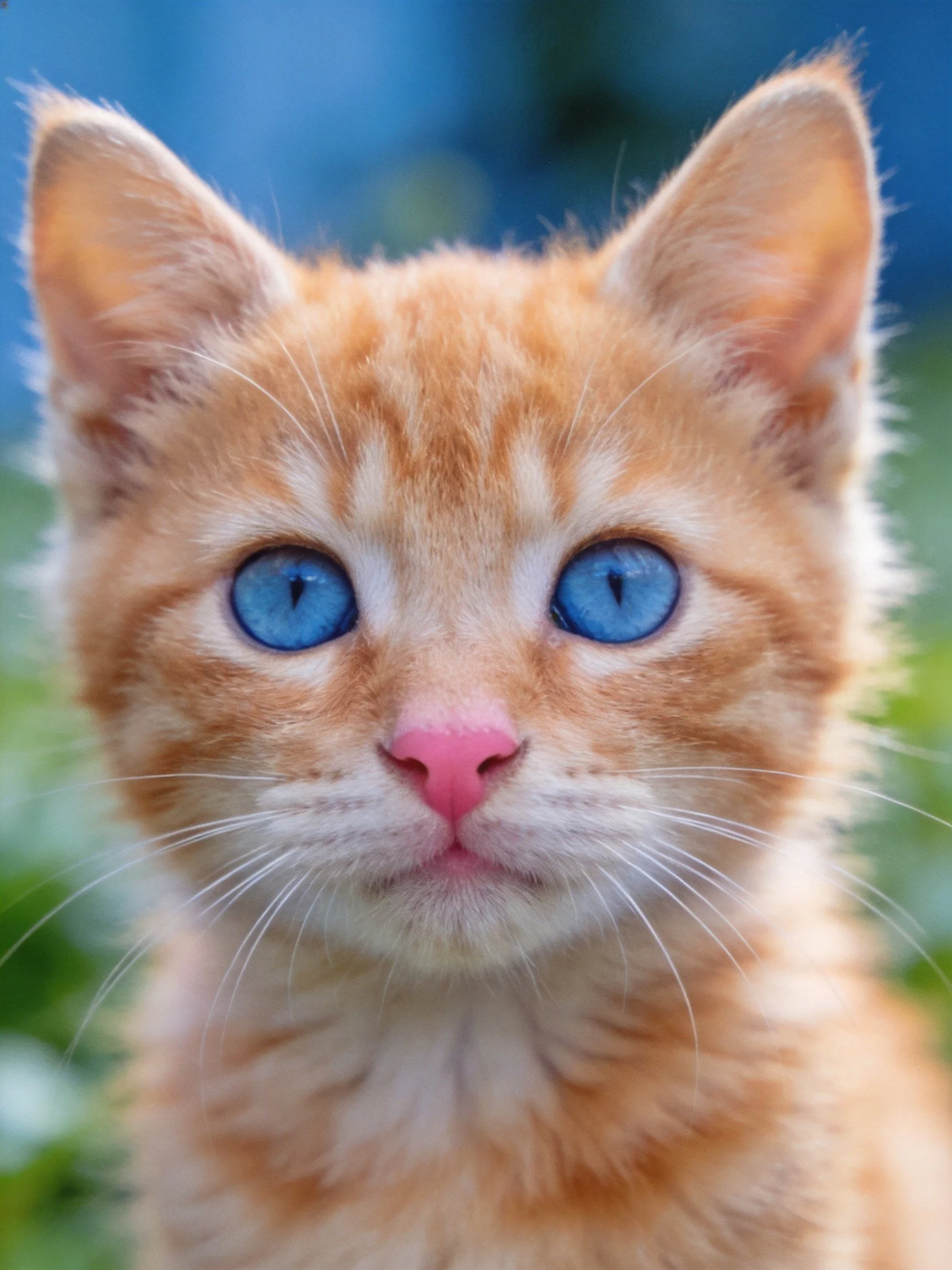 An orange tabby kitten with vivid blue eyes gazes directly at the viewer.