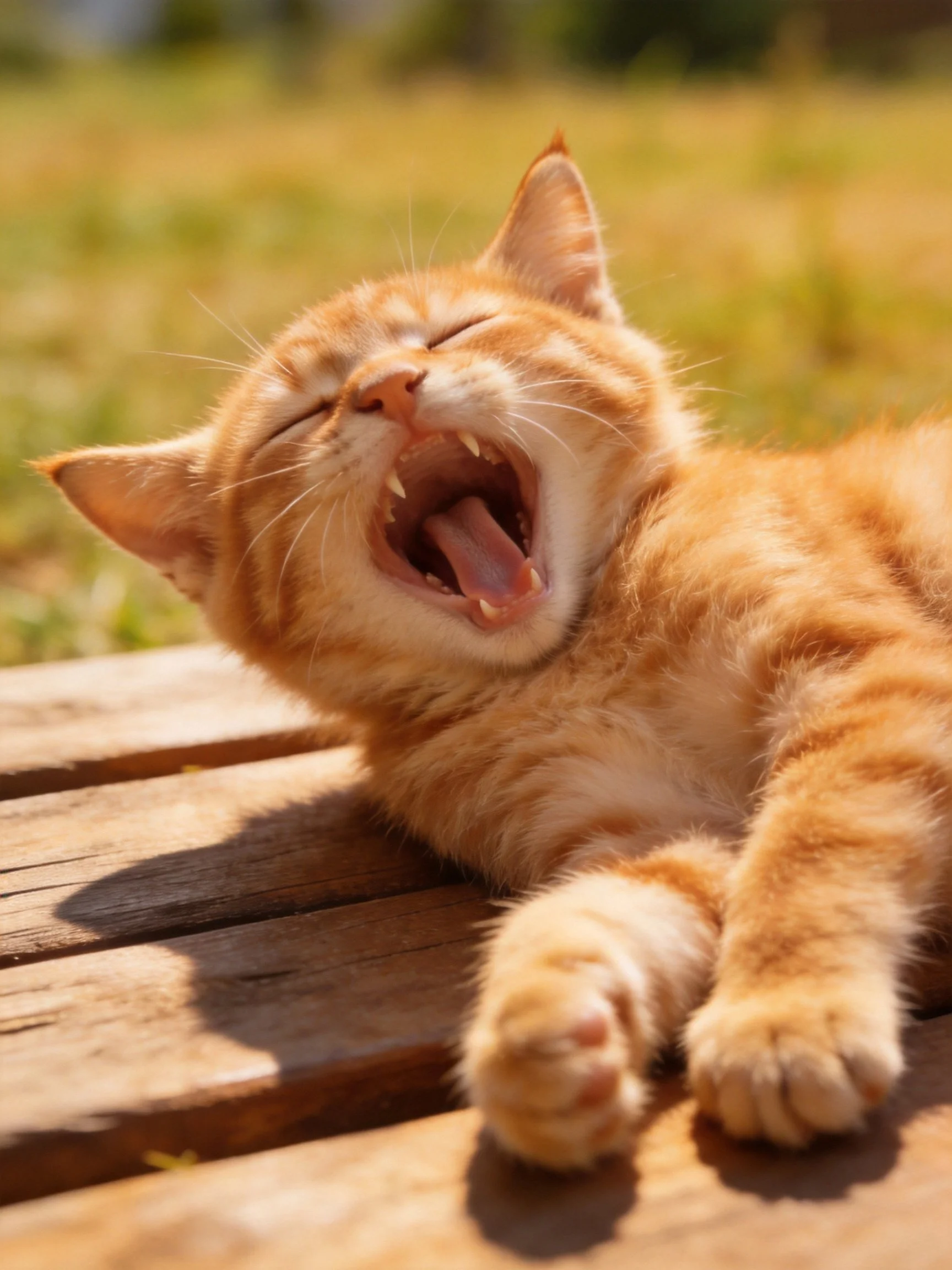 An orange tabby kitten yawns contentedly on a wooden surface in a sunny environment.
