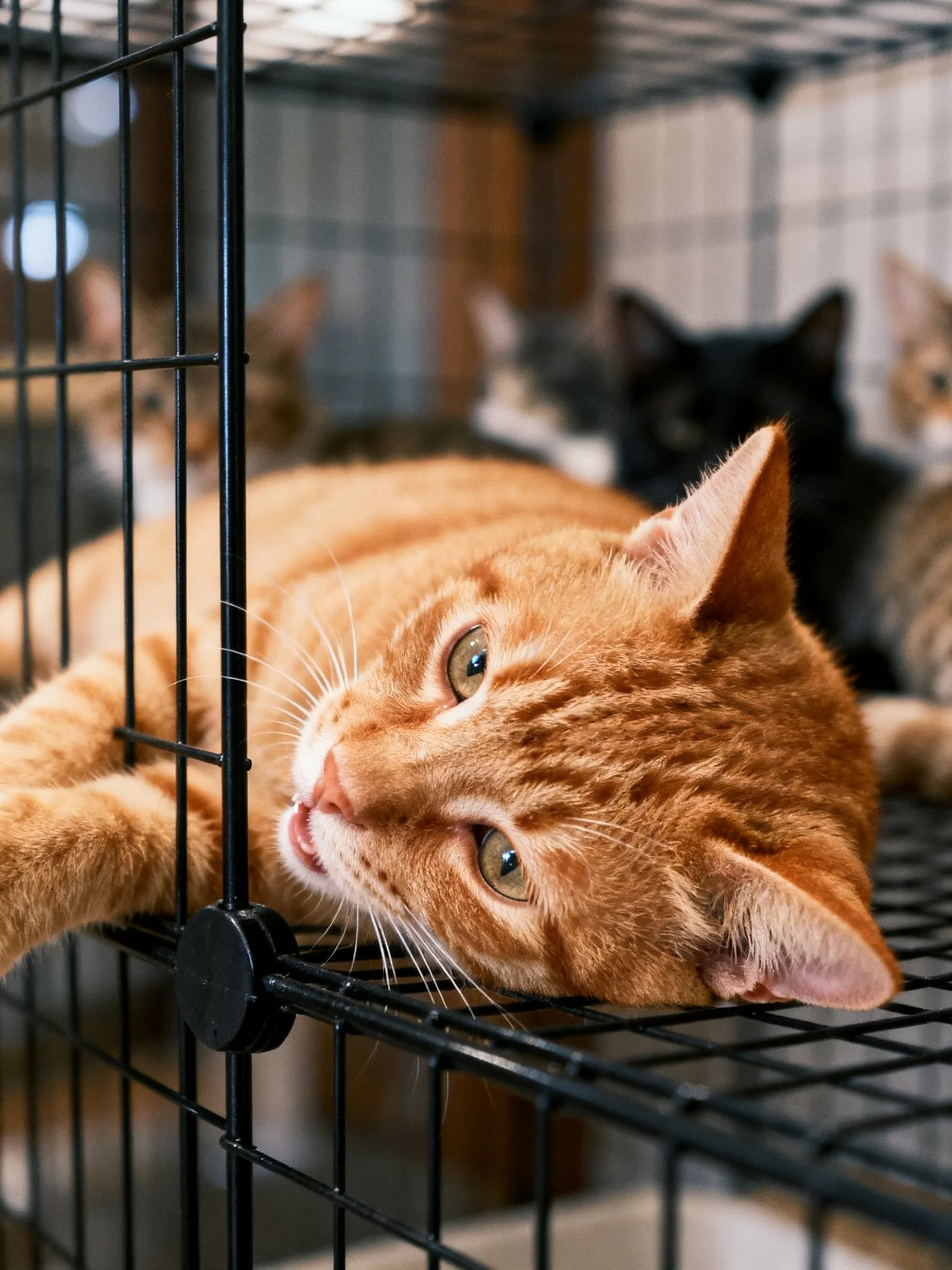 An orange tabby rests in a wire cage with other cats nearby