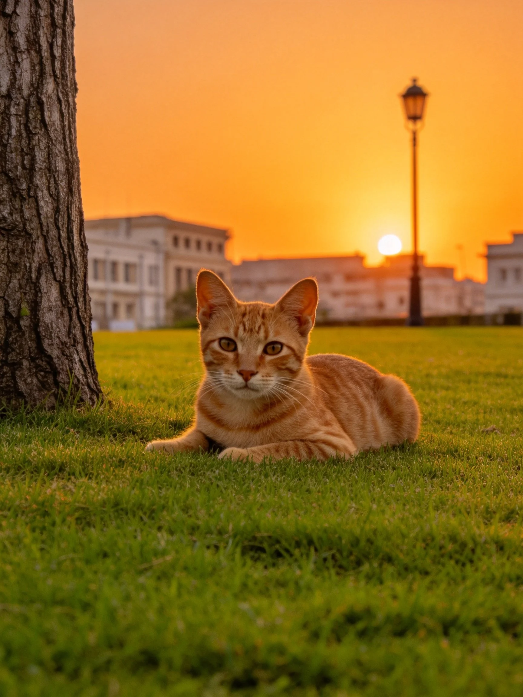 An orange tabby rests on lush green grass near a tree at sunset