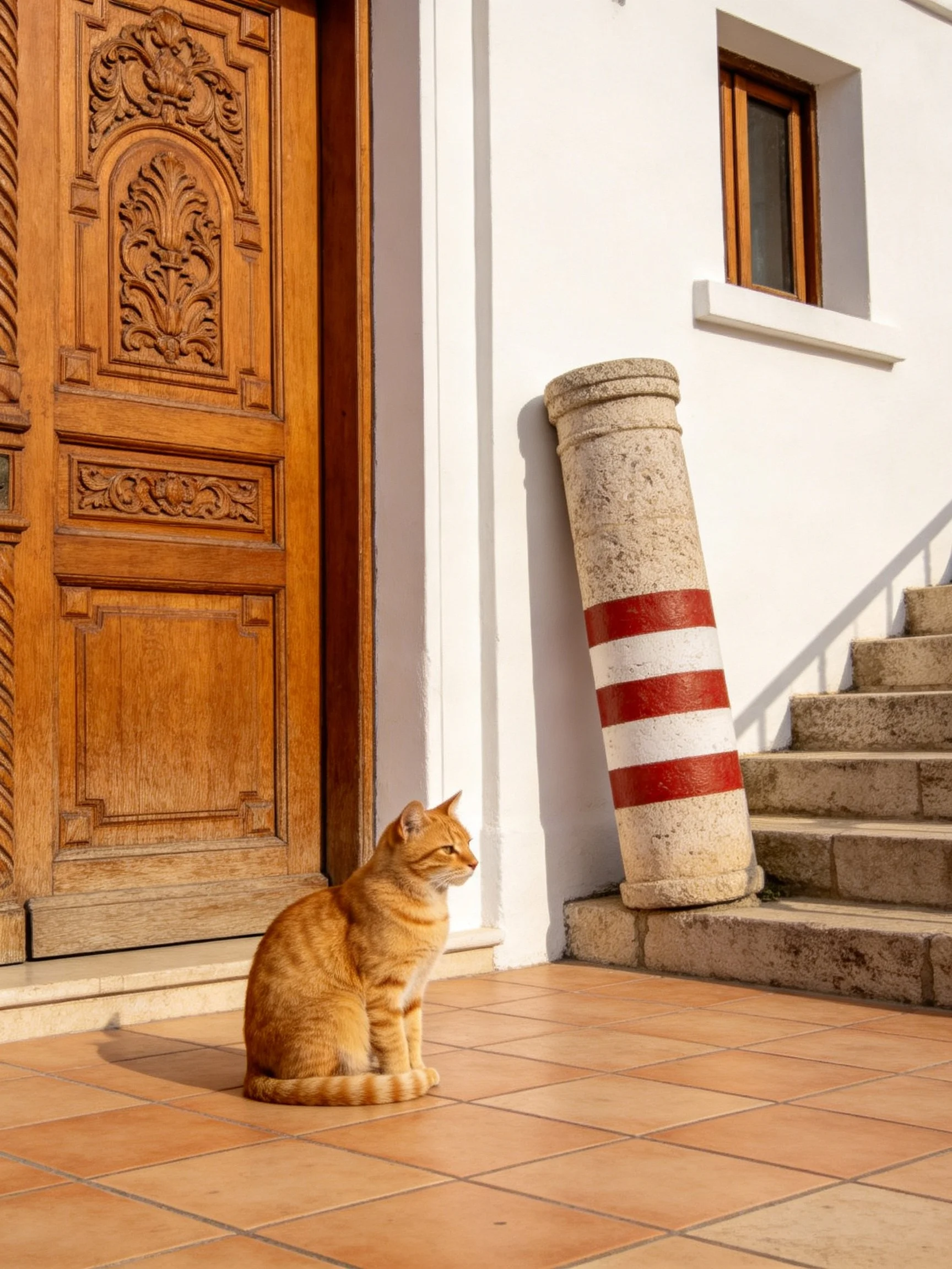 An orange tabby sits by a carved wooden door with a striped stone post
