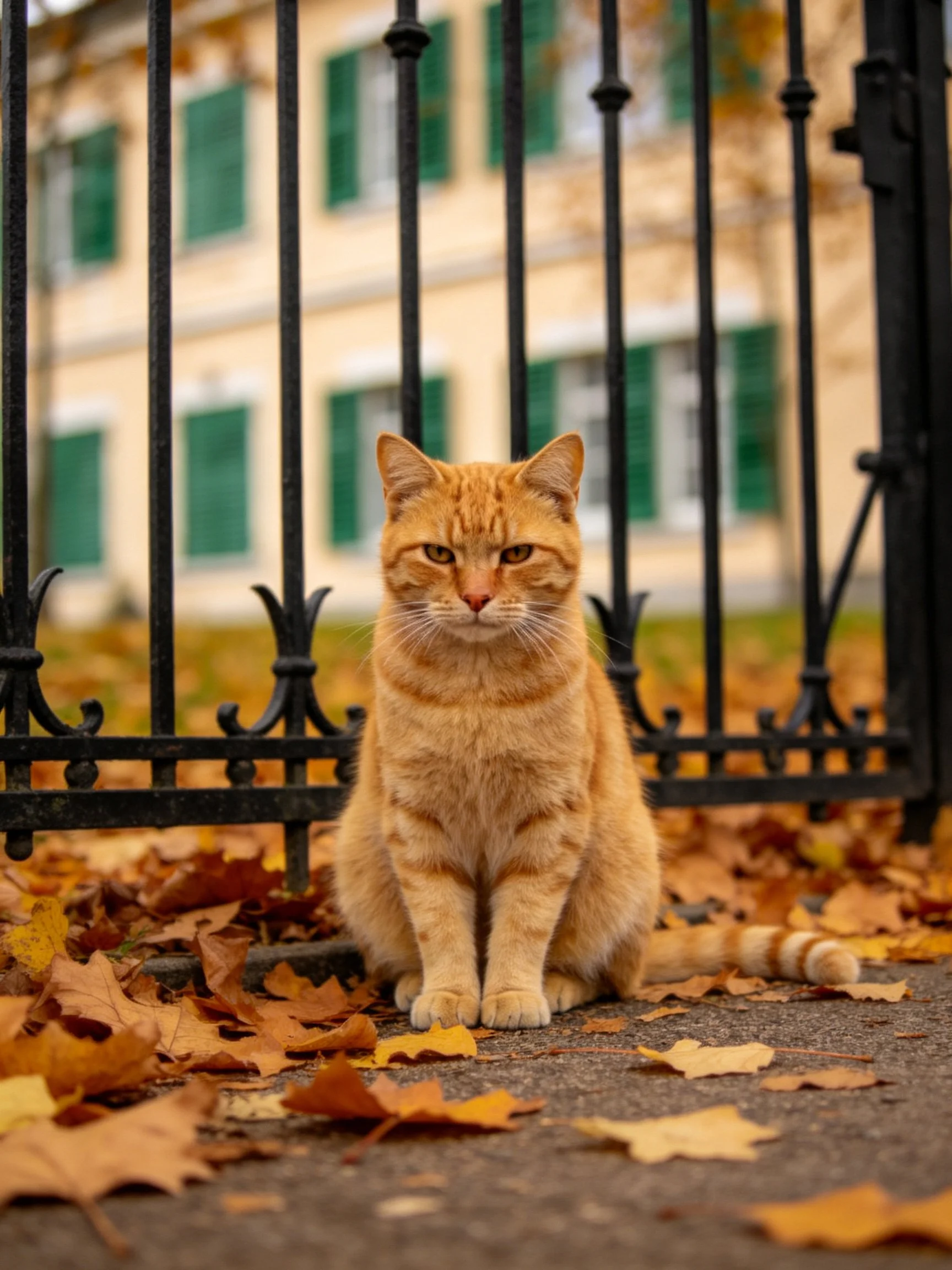 An orange tabby sits near a black iron gate with autumn leaves around