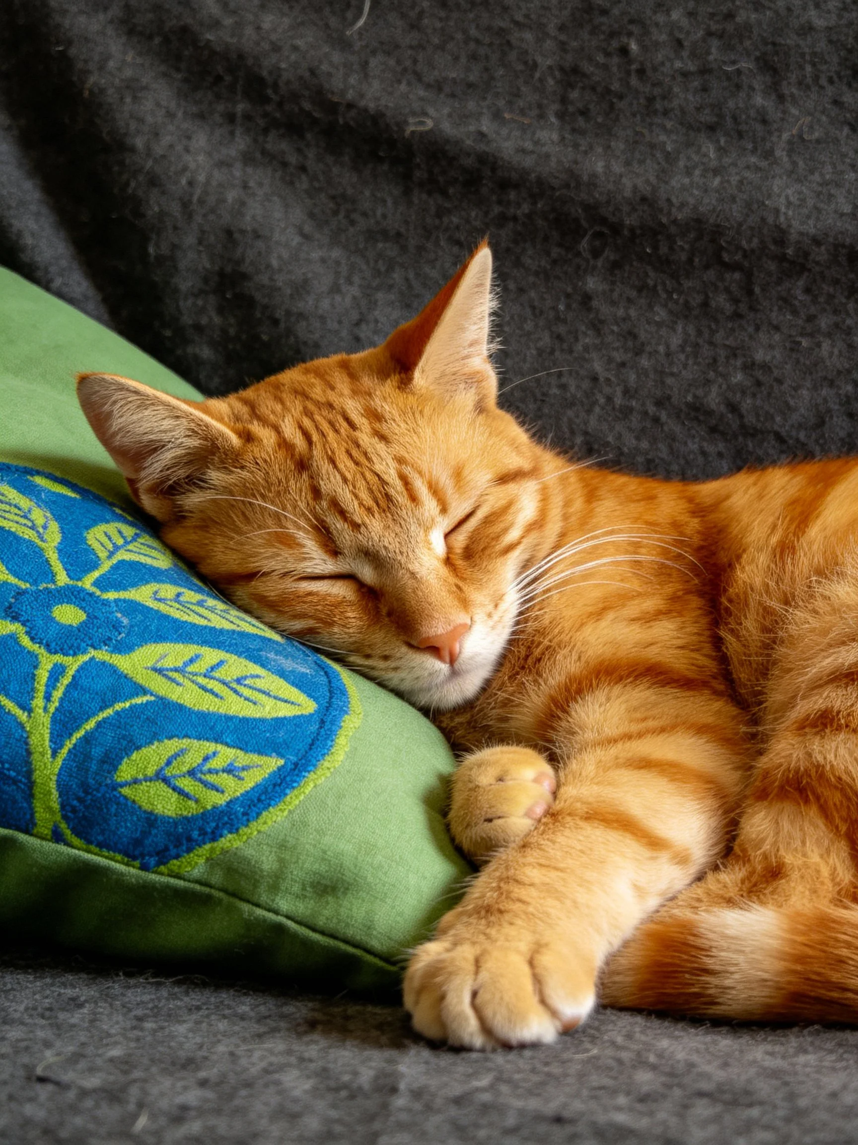 An orange tabby sleeps on a green pillow with blue floral embroidery
